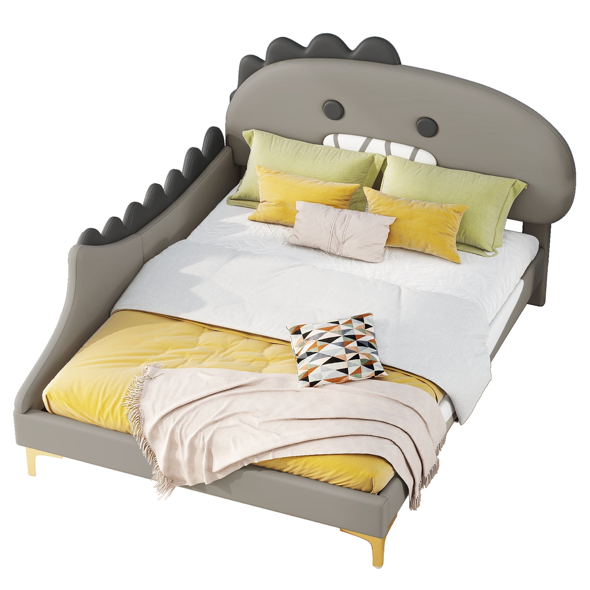 Children's Bed, 140x200cm Flat Bed Cartoon Dinosaur Shape, Grey PU Material