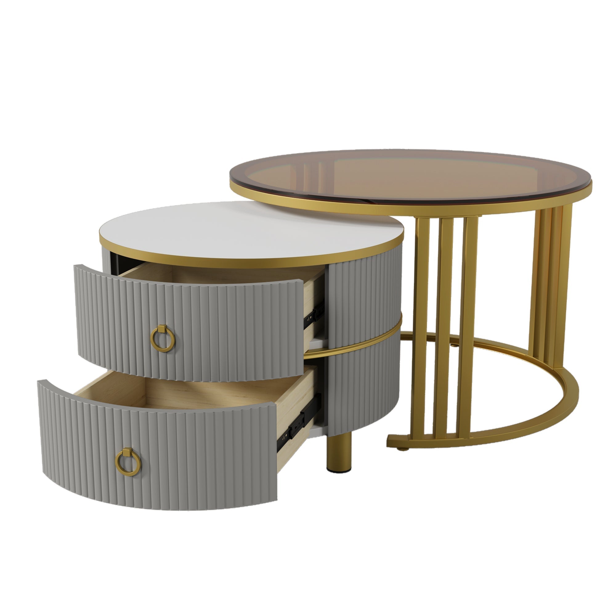 2-in-1 Round Coffee Table Set with High-Gloss Top, Tempered Glass Side Table, and 2 Drawers, Brown