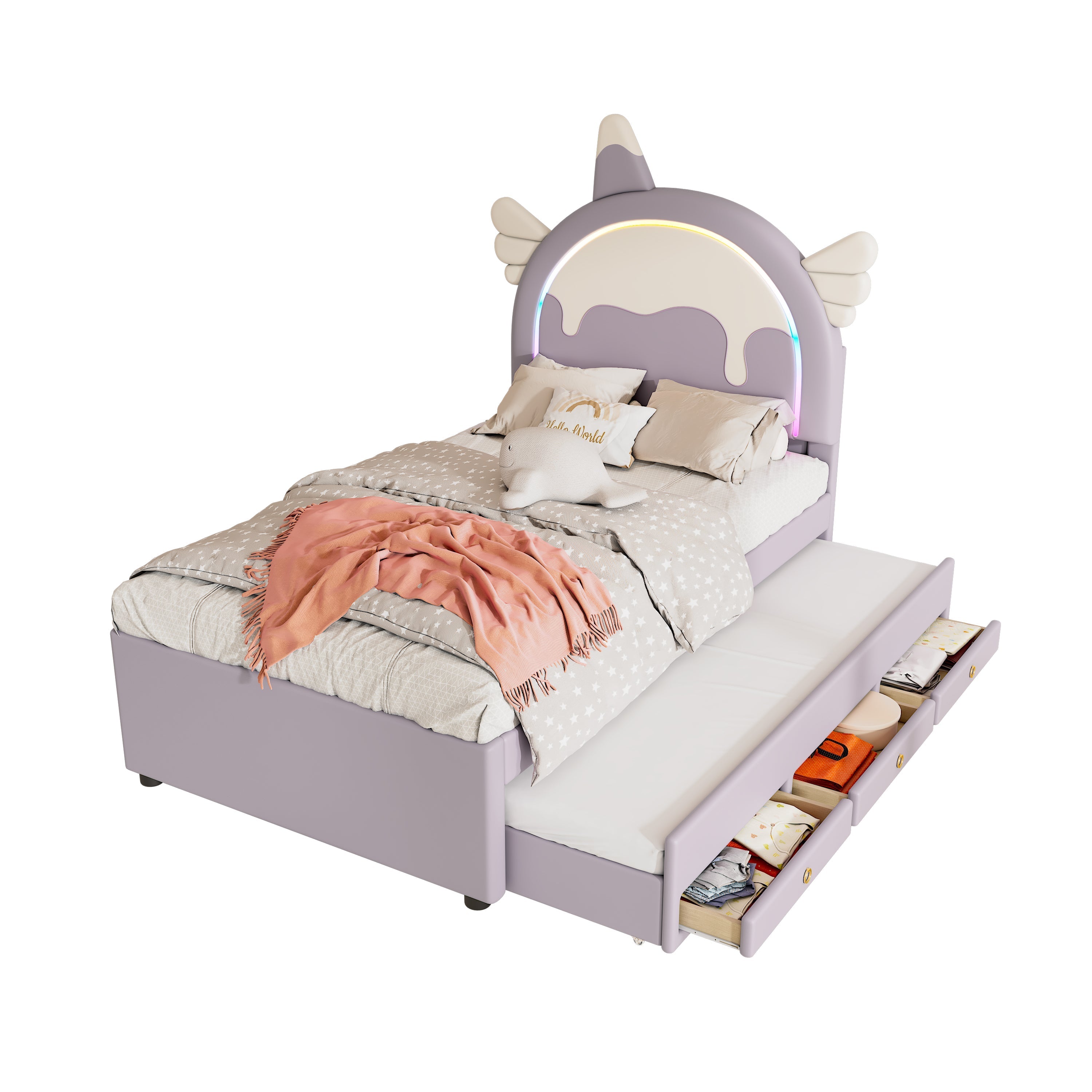 Cartoon Children's Bed 90x200cm Unicorn Extendable Rollaway - PU Violet