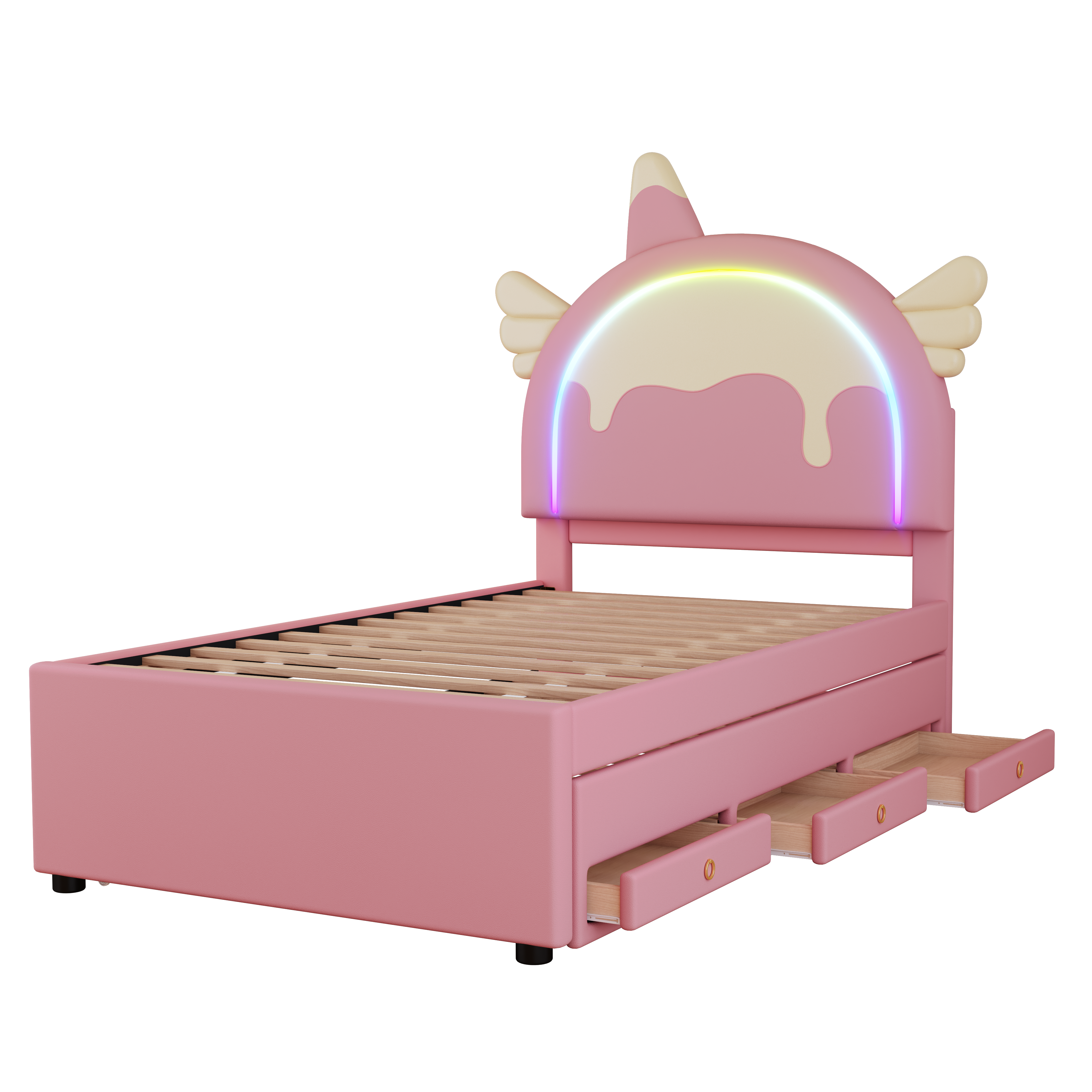 Children's Cartoon Bed 90x200cm Unicorn Shape Extendable Rollaway - PU Pink