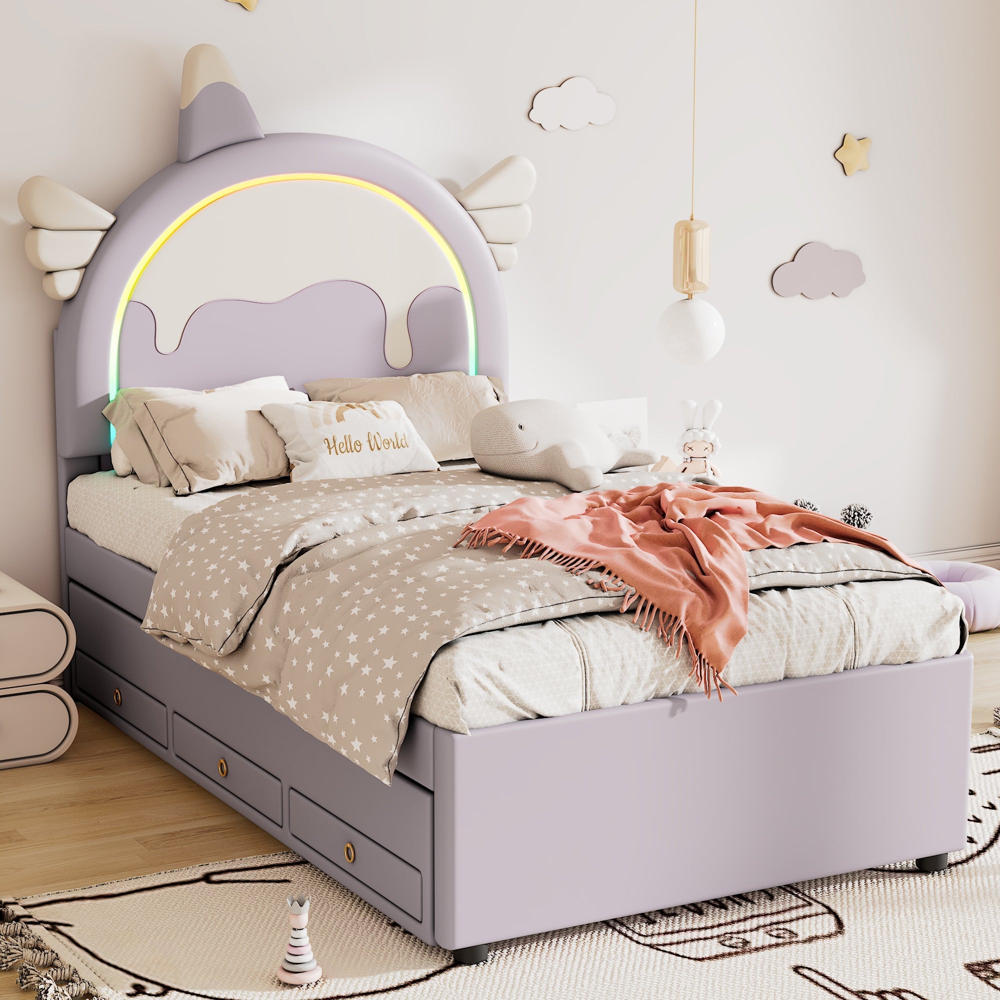 Cartoon Children's Bed 90x200cm Unicorn Extendable Rollaway - PU Violet