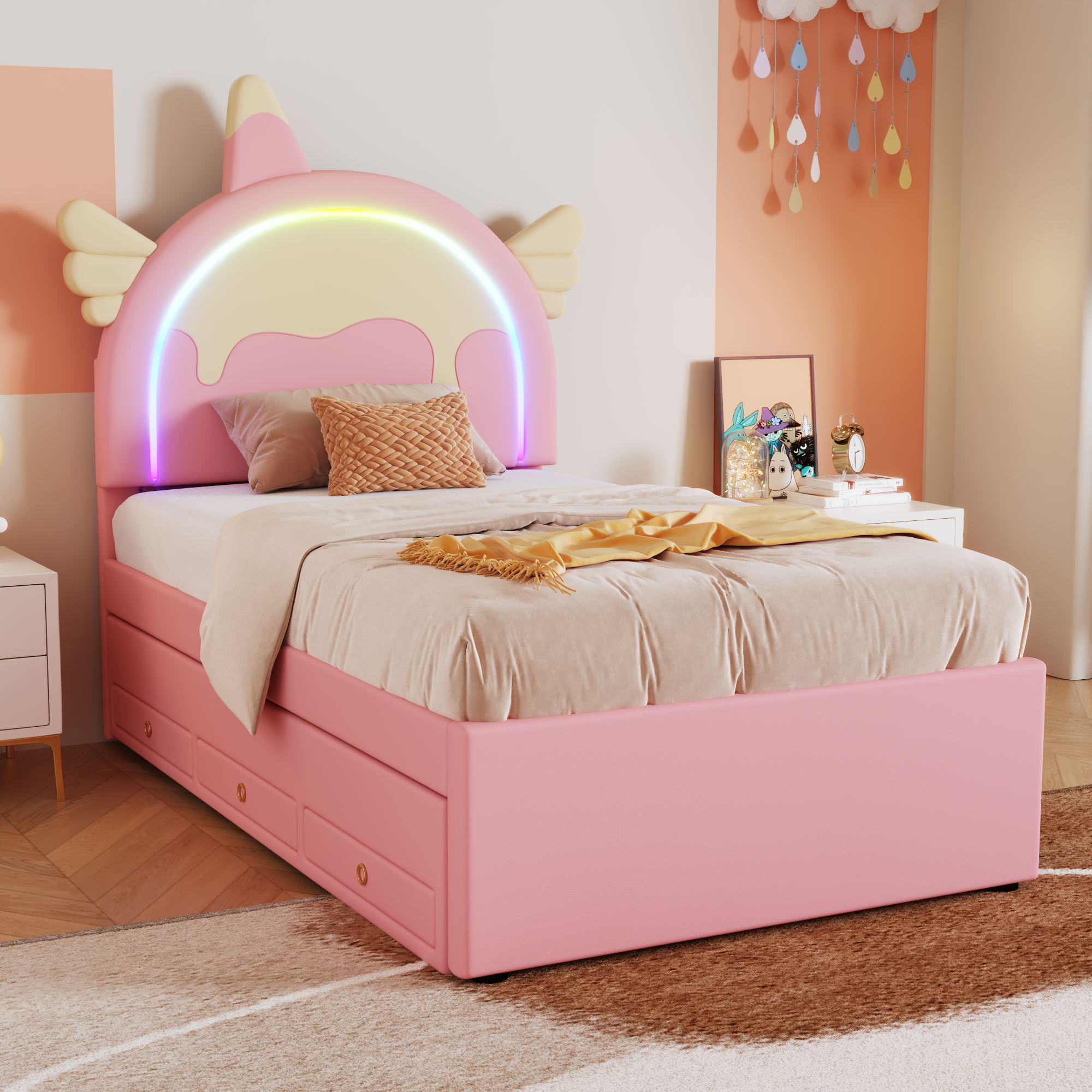Children's Cartoon Bed 90x200cm Unicorn Shape Extendable Rollaway - PU Pink