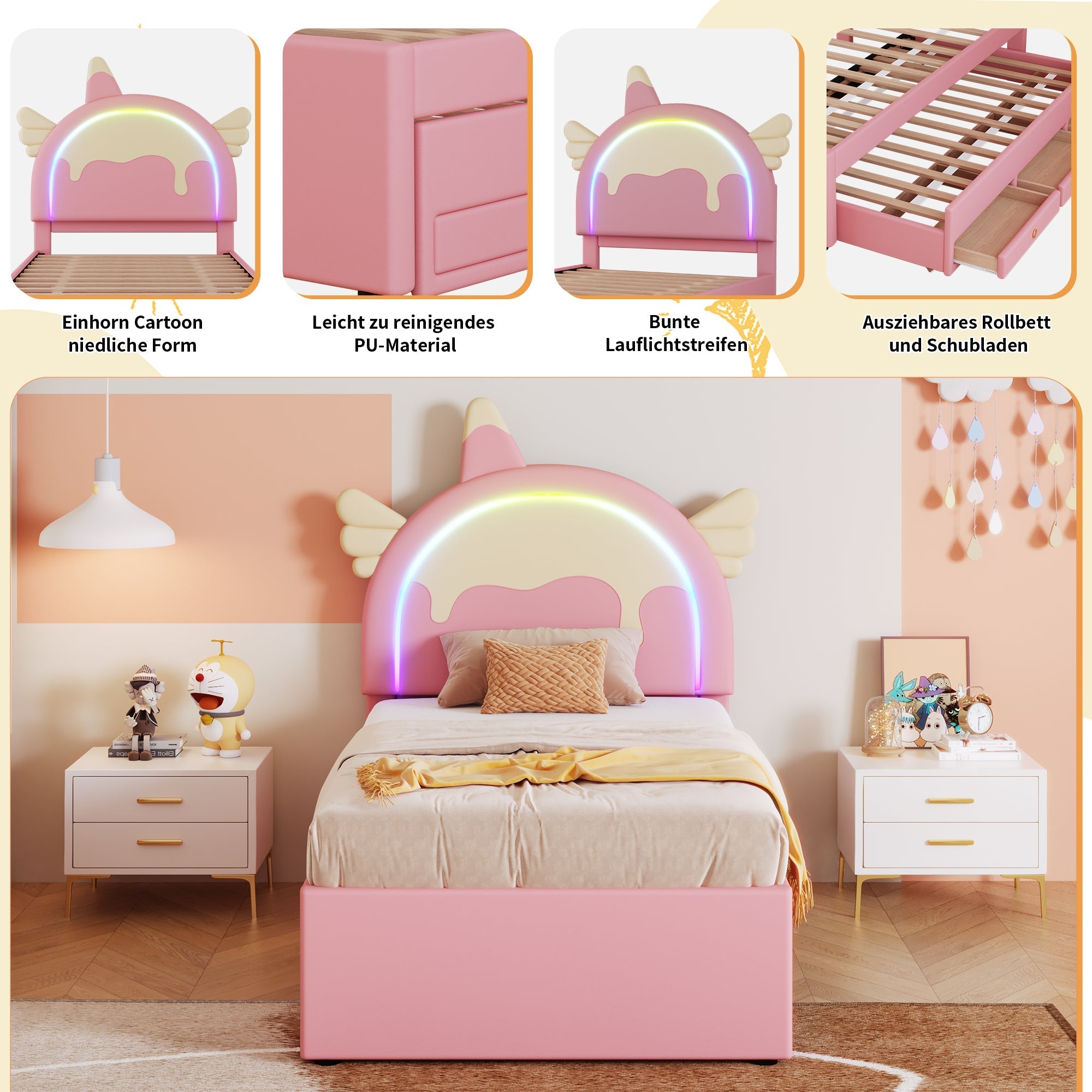 Children's Cartoon Bed 90x200cm Unicorn Shape Extendable Rollaway - PU Pink