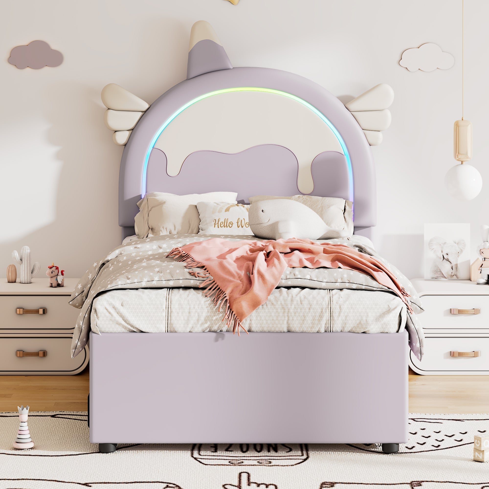 Cartoon Children's Bed 90x200cm Unicorn Extendable Rollaway - PU Violet