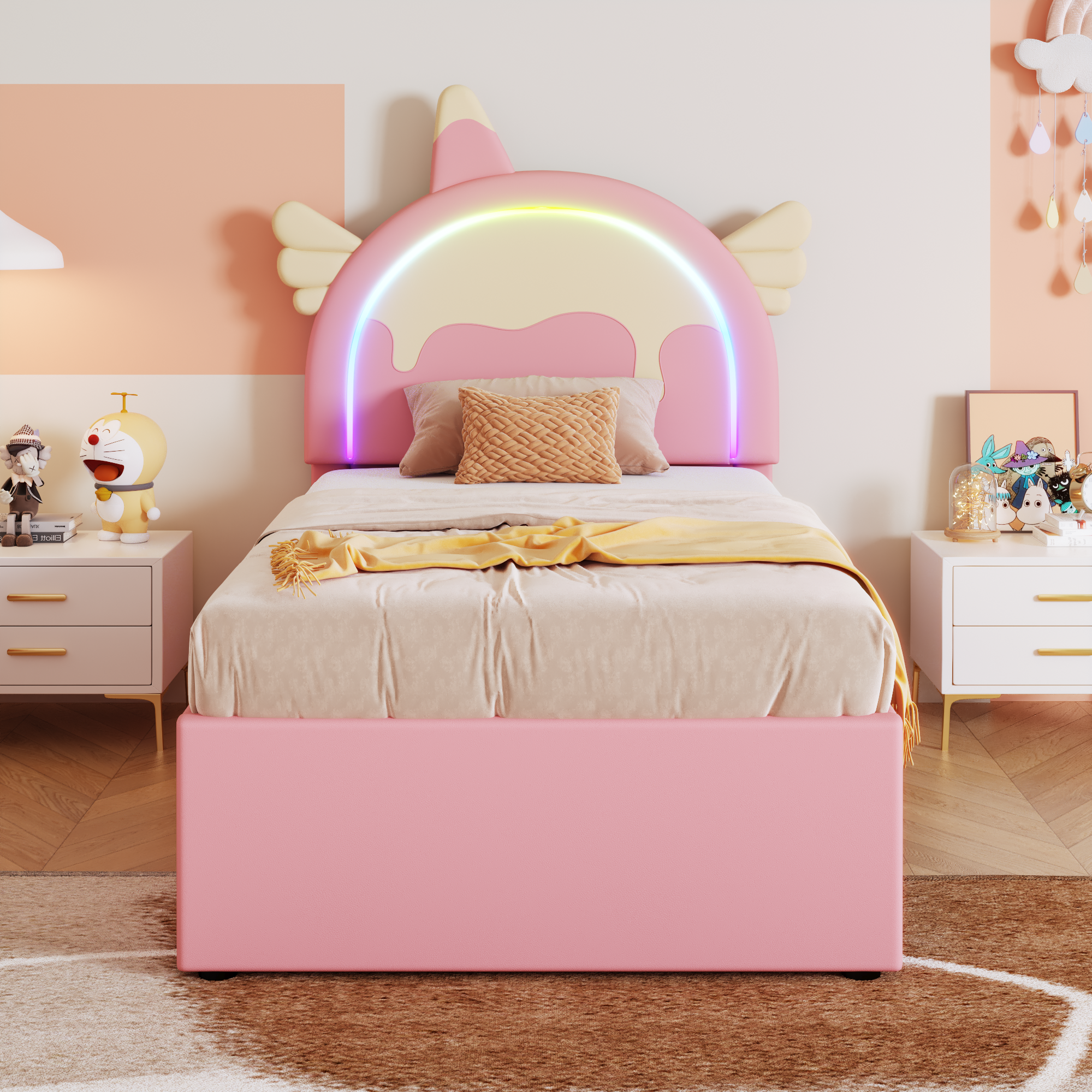 Children's Cartoon Bed 90x200cm Unicorn Shape Extendable Rollaway - PU Pink