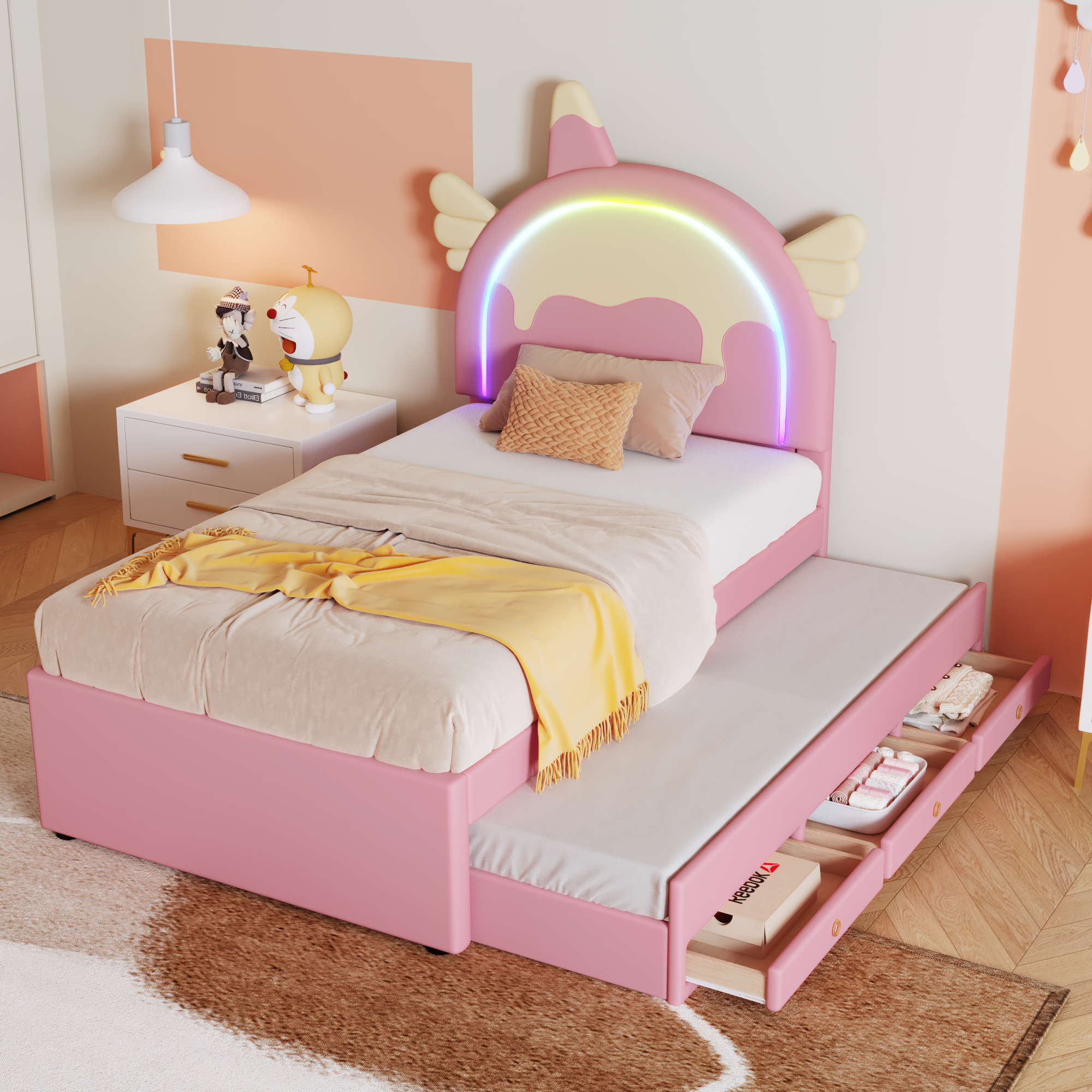 Children's Cartoon Bed 90x200cm Unicorn Shape Extendable Rollaway - PU Pink