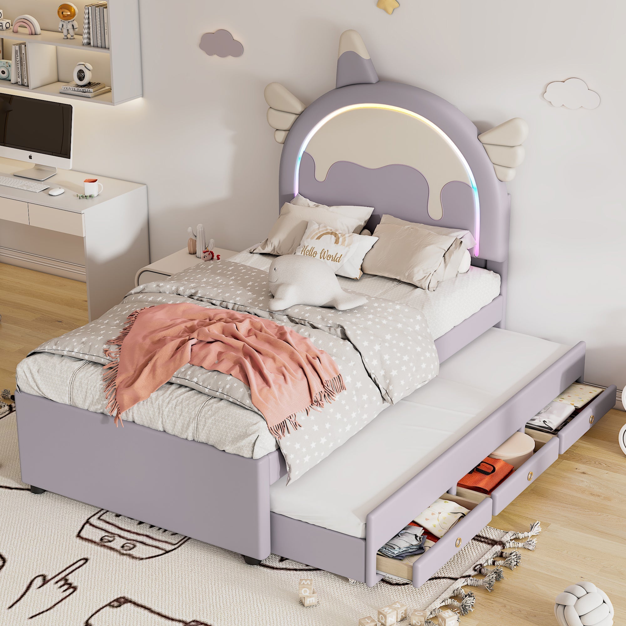 Cartoon Children's Bed 90x200cm Unicorn Extendable Rollaway - PU Violet