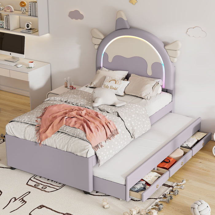 Cartoon Children's Bed 90x200cm Unicorn Extendable Rollaway - PU Violet