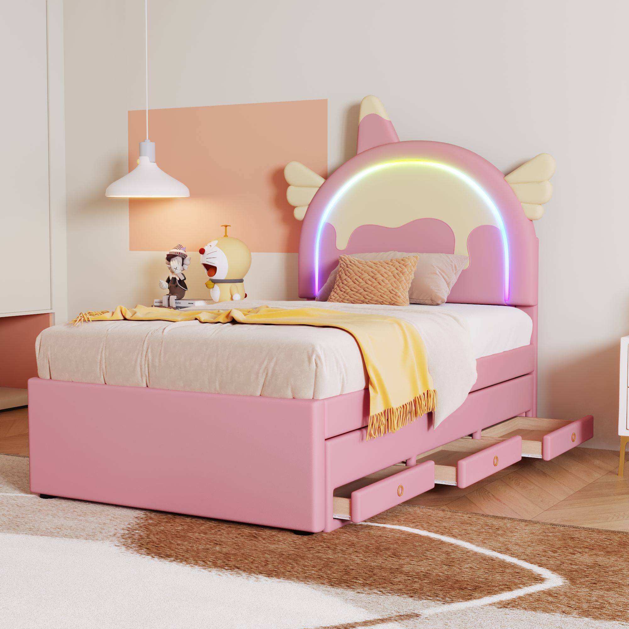 Children's Cartoon Bed 90x200cm Unicorn Shape Extendable Rollaway - PU Pink