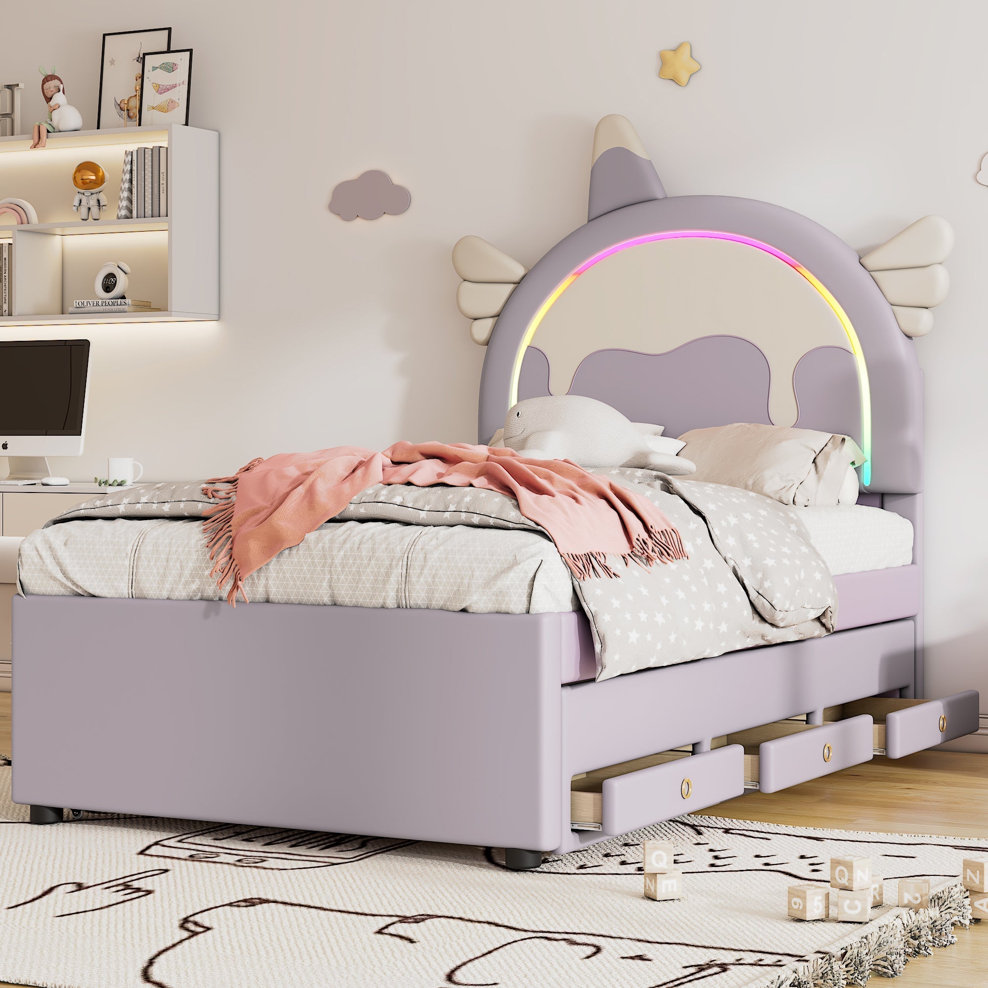 Cartoon Children's Bed 90x200cm Unicorn Extendable Rollaway - PU Violet
