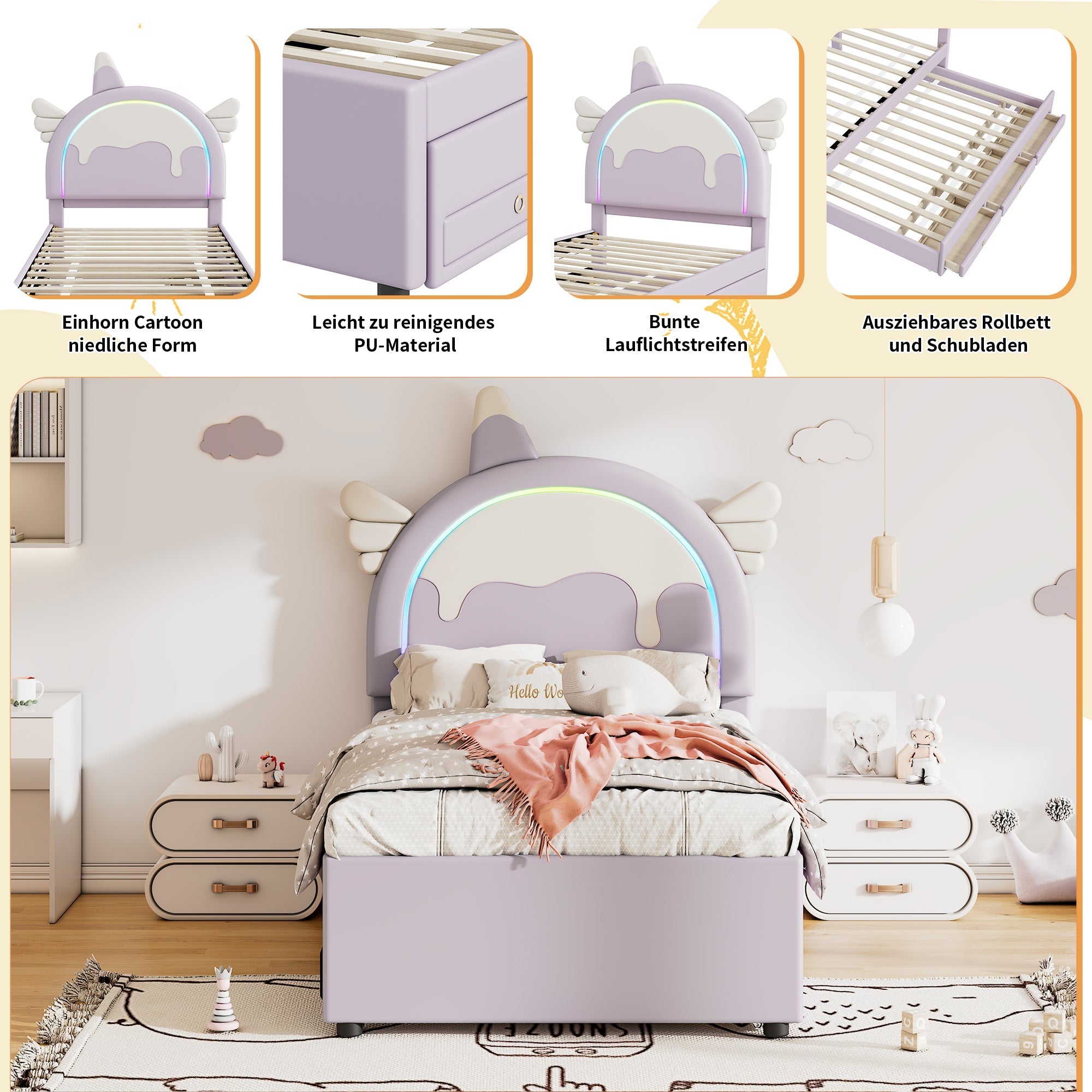 Cartoon Children's Bed 90x200cm Unicorn Extendable Rollaway - PU Violet
