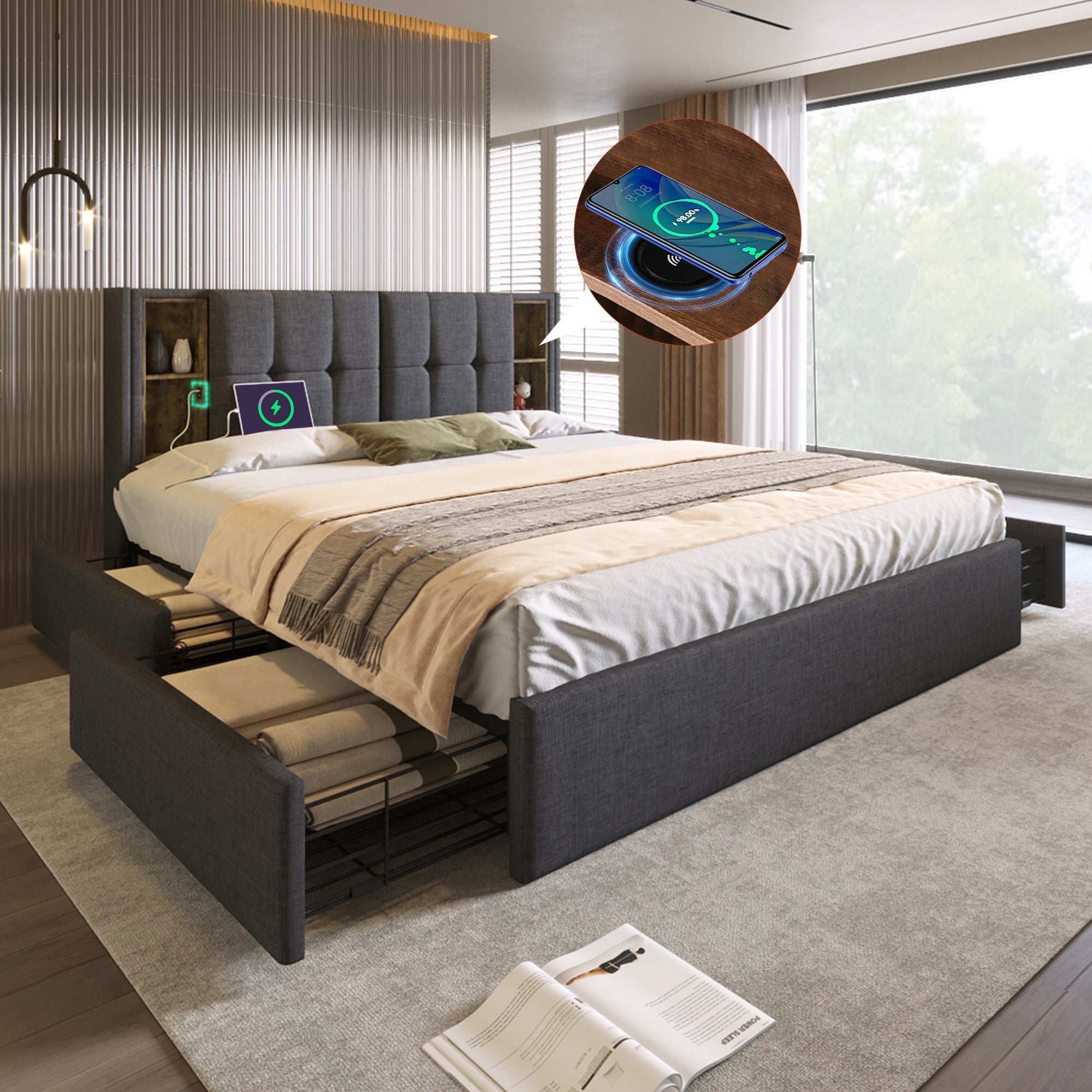 Double Bed, Wireless Charging & 4 Drawers, 160x200cm Grey Linen