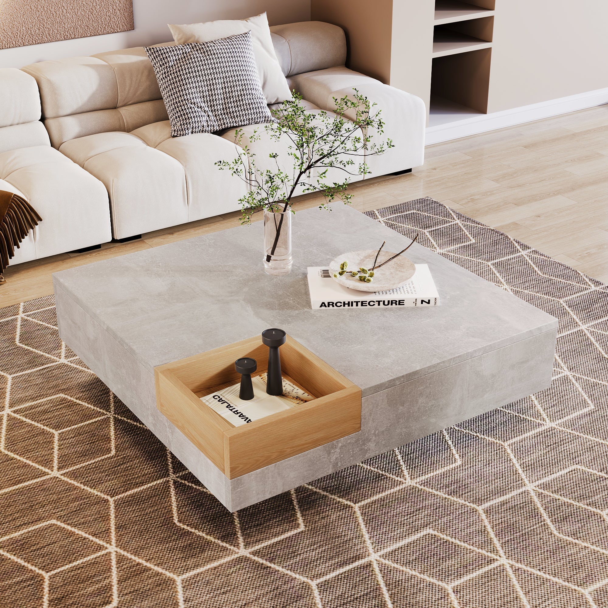 Coffee Table with Removable Storage Box, Concrete Gray and Wood Color