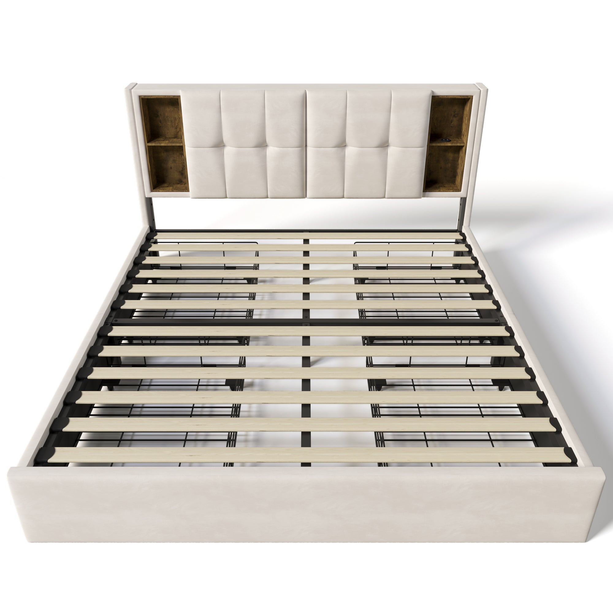 Double Bed with Wireless Charging USB C & 4 Drawers, Upholstered 160x200cm, Beige Velvet