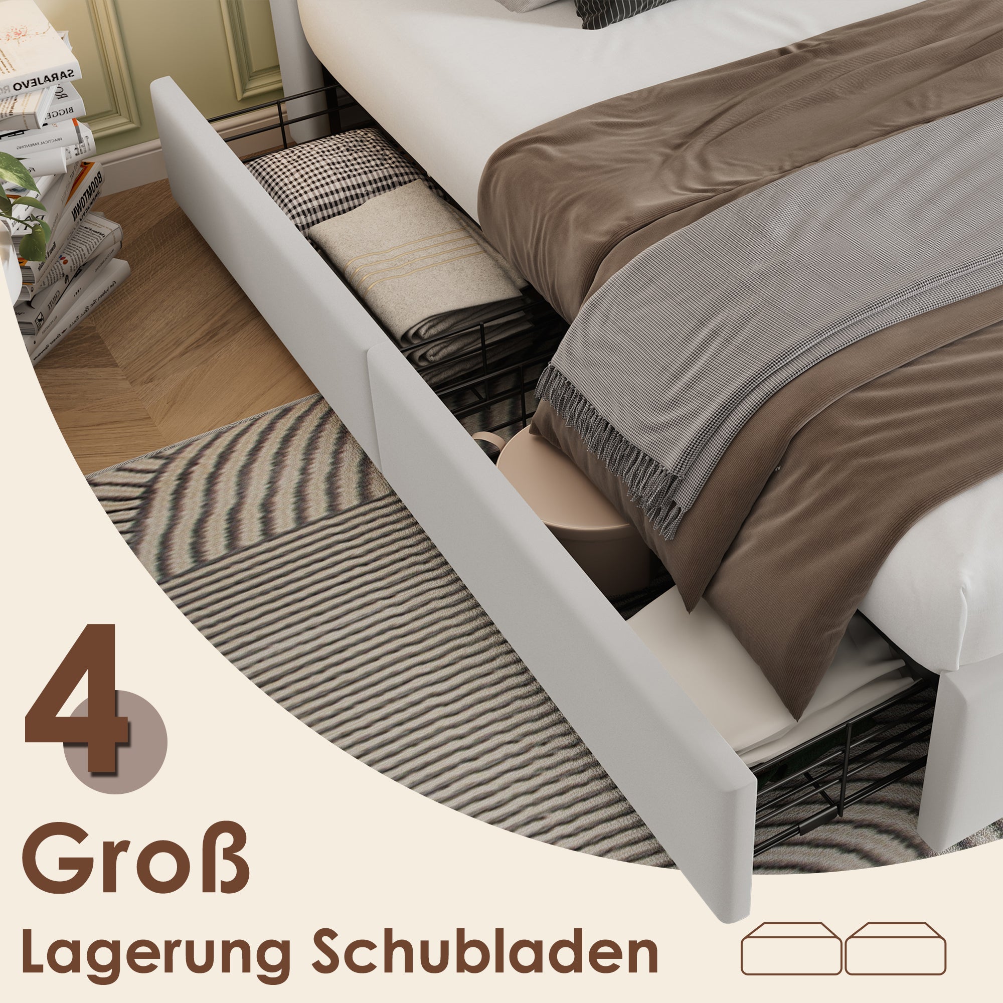 Double Bed with Wireless Charging USB C & 4 Drawers, Upholstered 160x200cm, Beige Velvet