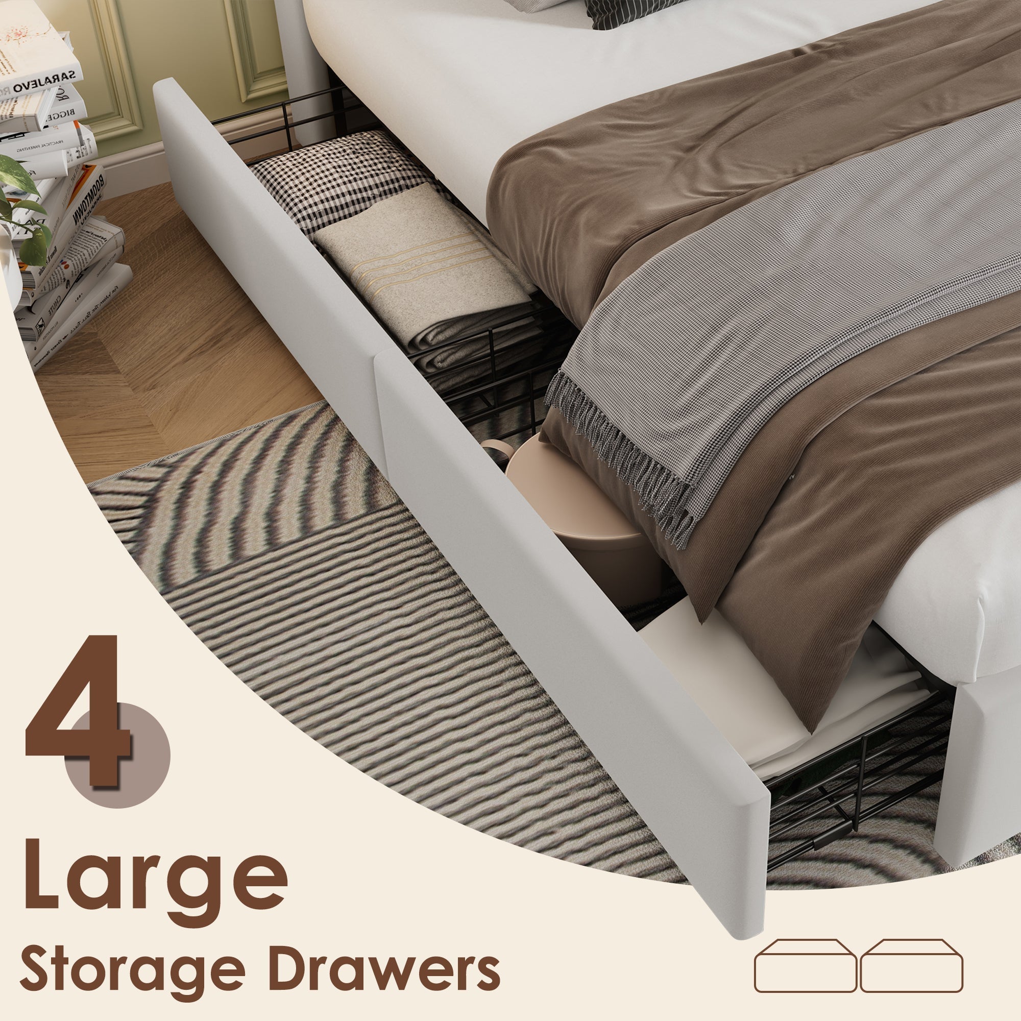 Double Bed with Wireless Charging USB C & 4 Drawers, Upholstered 160x200cm, Beige Velvet
