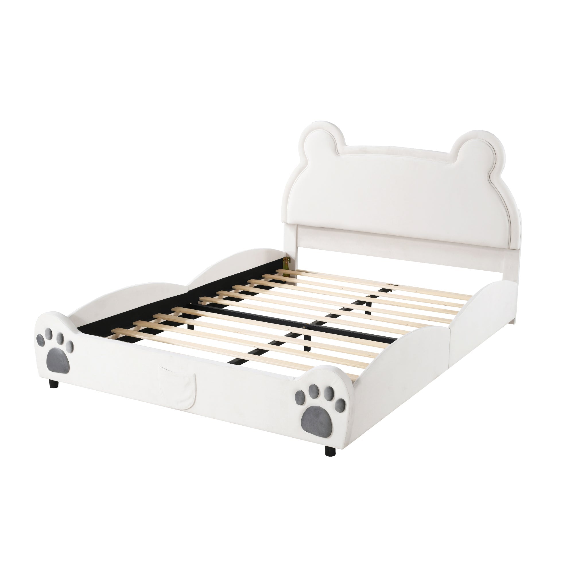 Children's Upholstered Bed, 140x200cm Bear-Shaped, White Velour