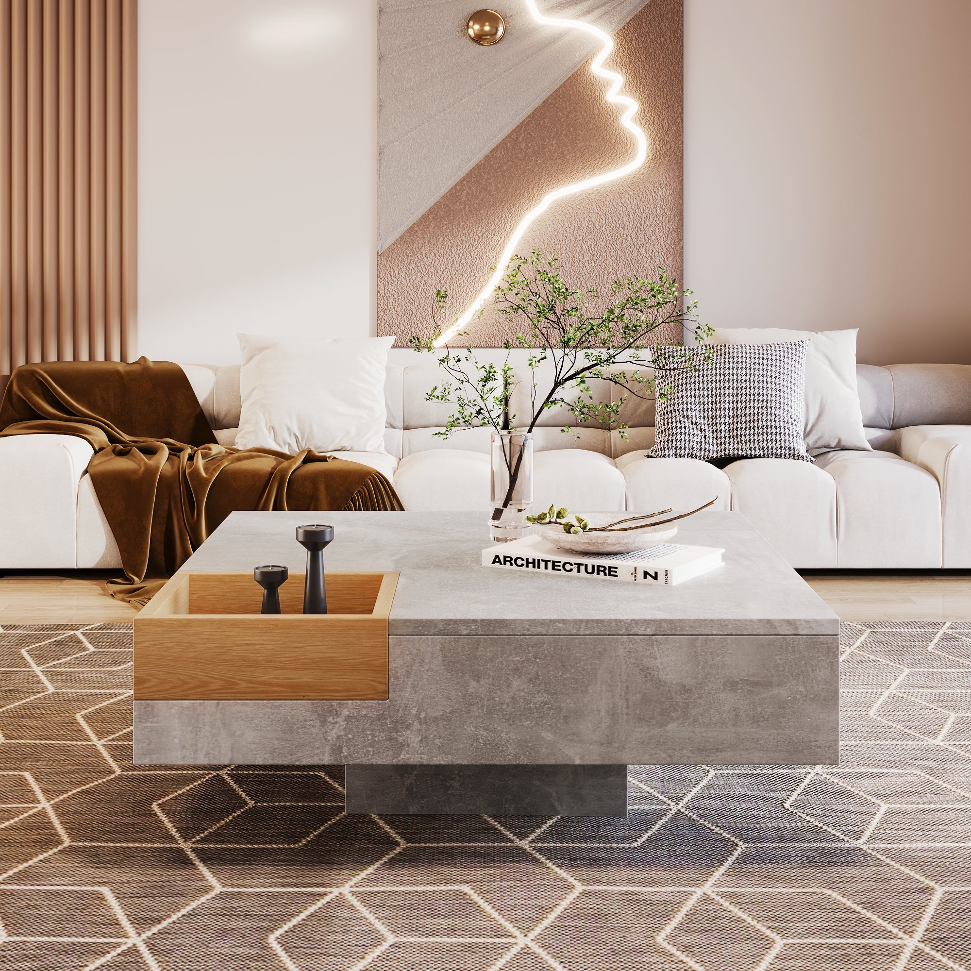 Coffee Table with Removable Storage Box, Concrete Gray and Wood Color