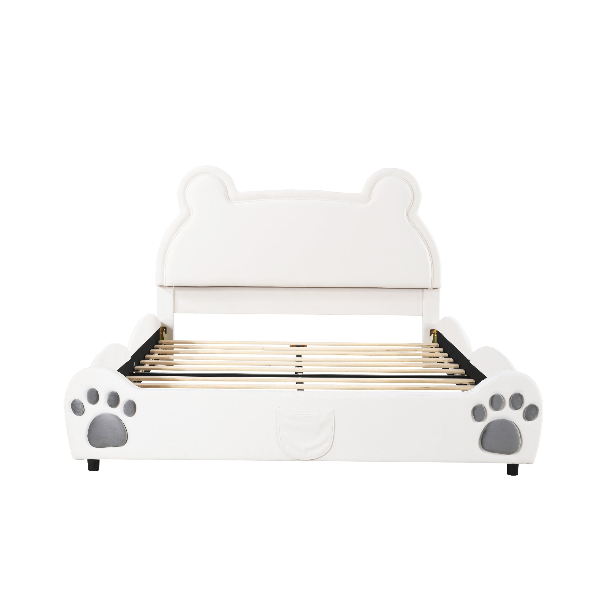 Upholstered Children's Bear Bed with Velvet Fabric and Slatted Frame, 140x200cm, White