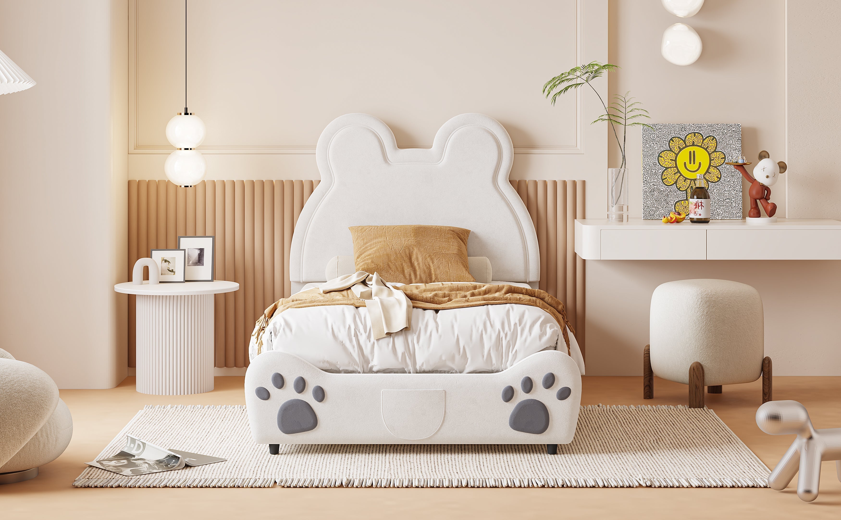 Upholstered Bed, Children's 90x200cm Bear-Shaped, White Velour