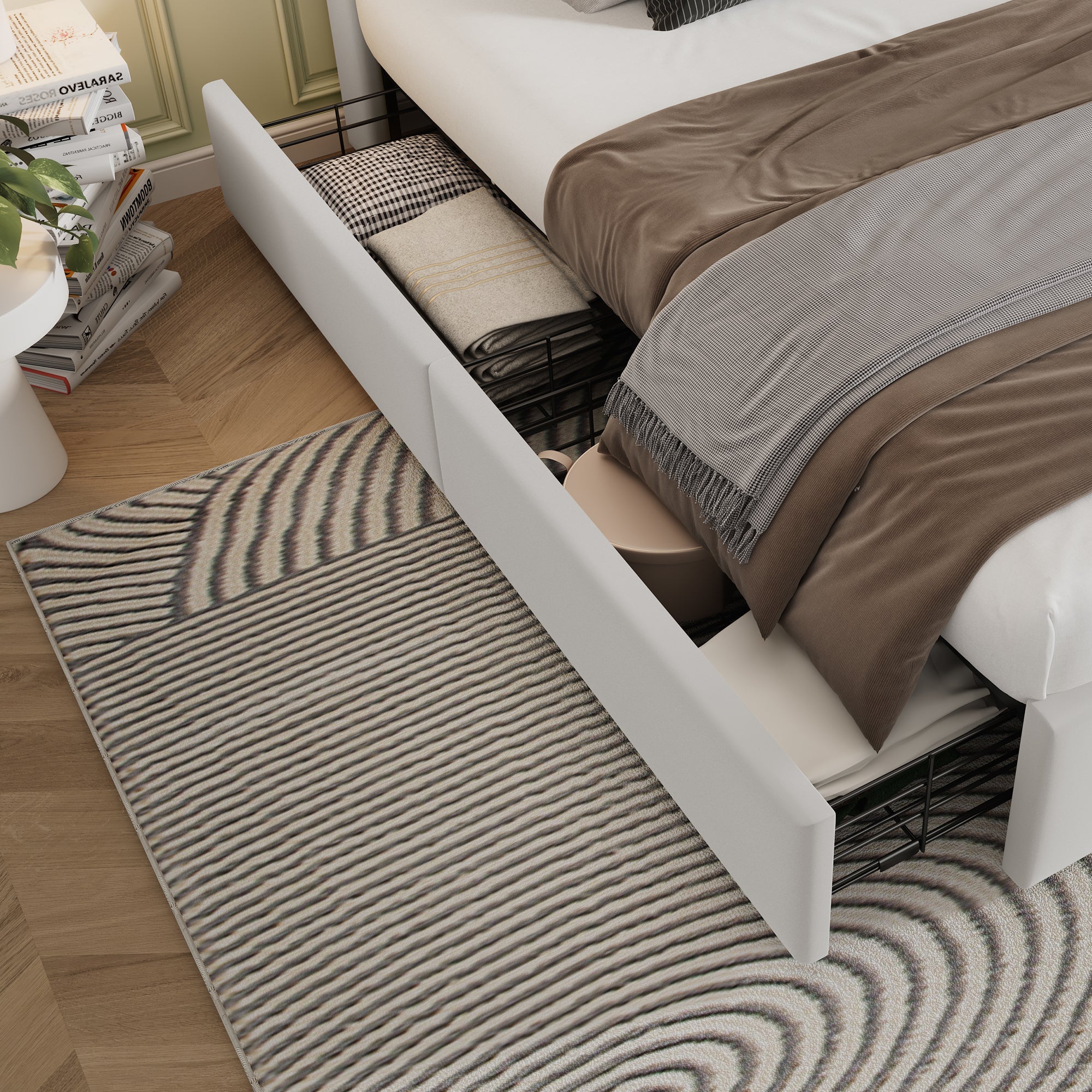 Double Bed with Wireless Charging USB C & 4 Drawers, Upholstered 160x200cm, Beige Velvet