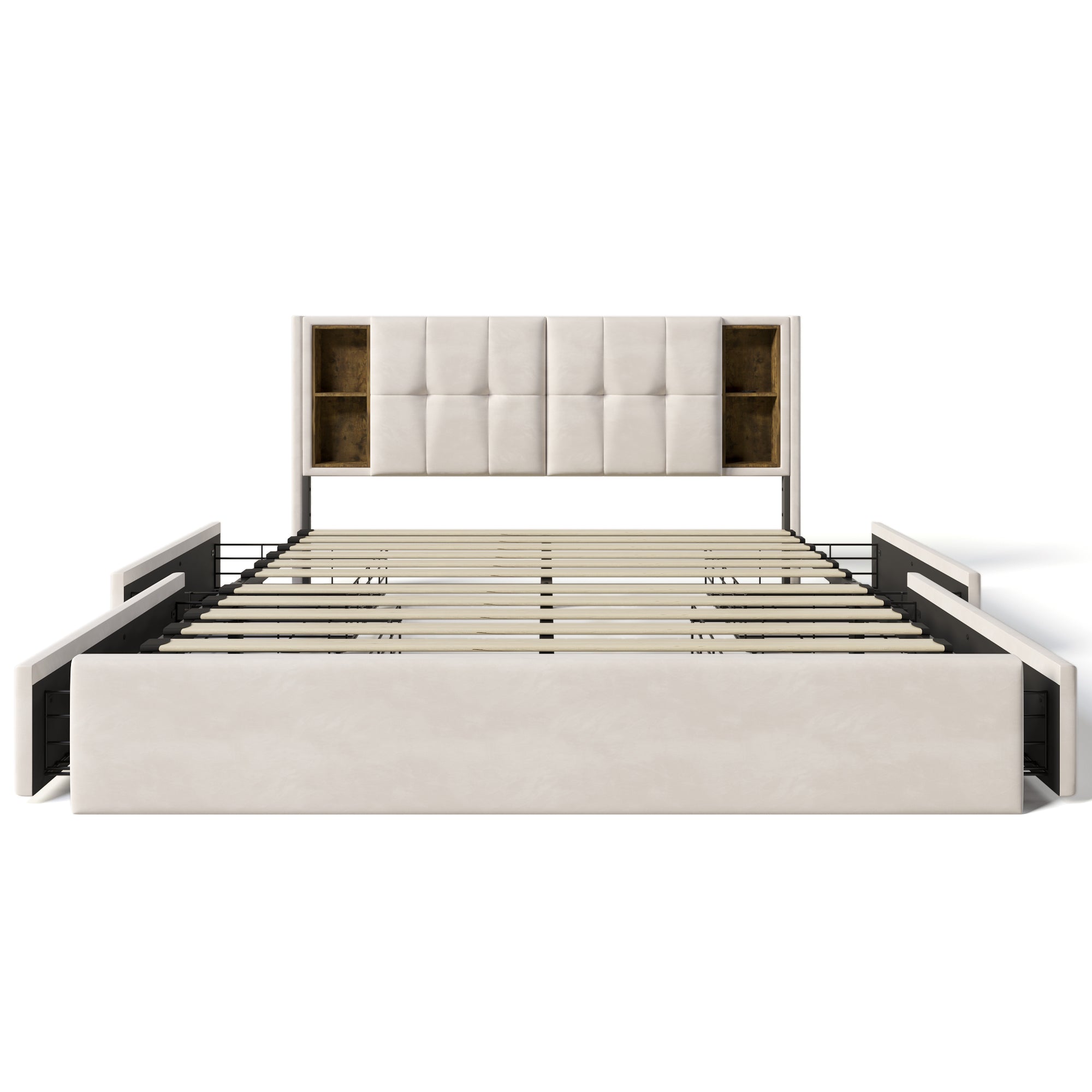 Double Bed with Wireless Charging USB C & 4 Drawers, Upholstered 160x200cm, Beige Velvet