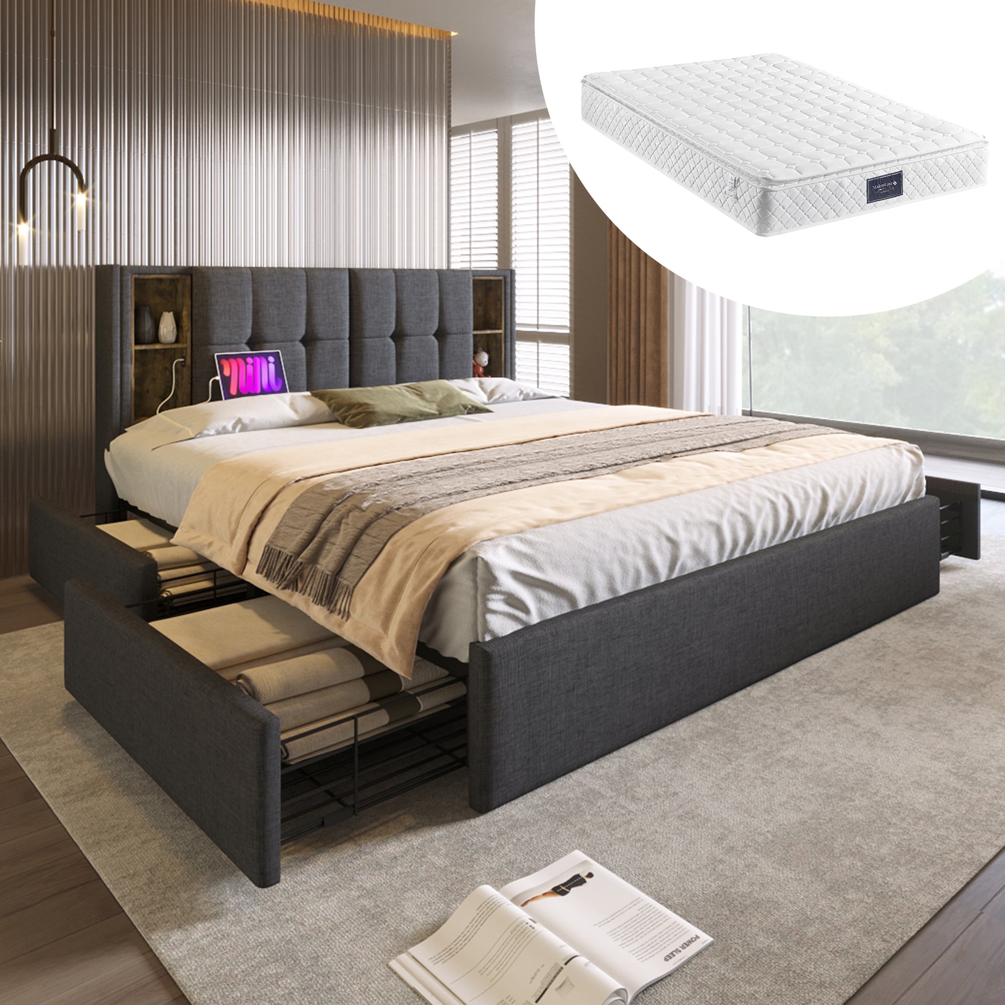 Double Bed, Wireless Charging & 4 Drawers, 160x200cm Grey Linen