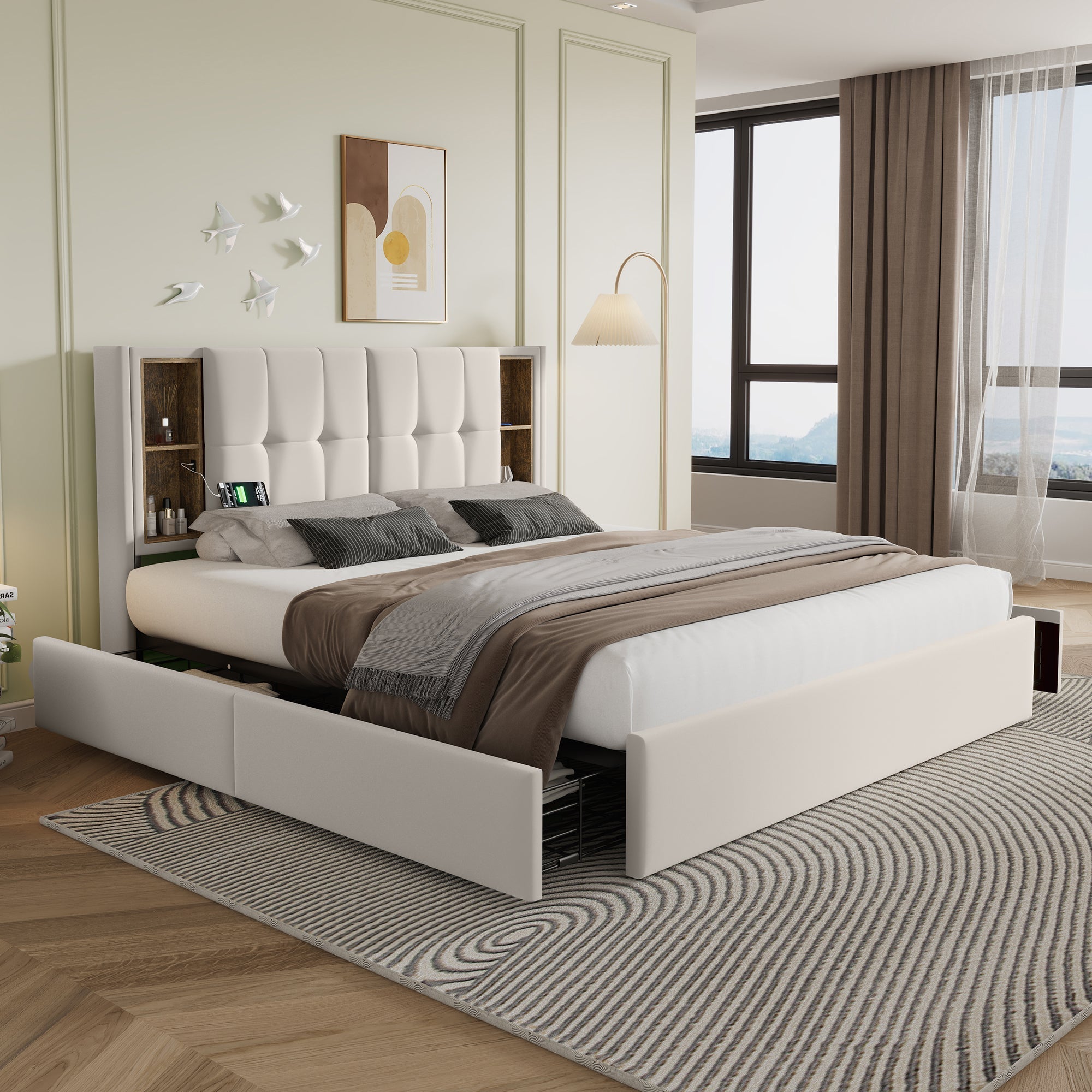 Double Bed with Wireless Charging USB C & 4 Drawers, Upholstered 160x200cm, Beige Velvet