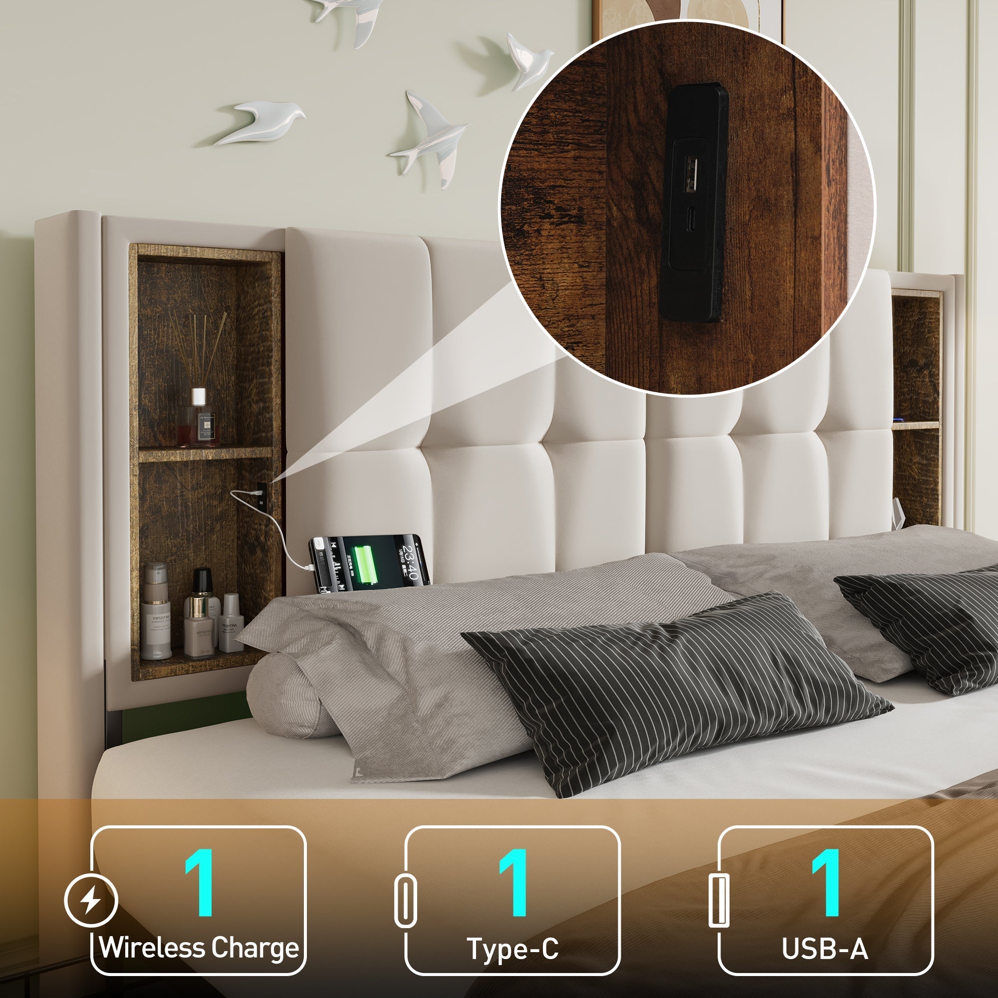 Double Bed with Wireless Charging USB C & 4 Drawers, Upholstered 160x200cm, Beige Velvet