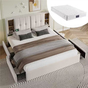 Double Bed with Wireless Charging USB C & 4 Drawers, Upholstered 160x200cm, Beige Velvet