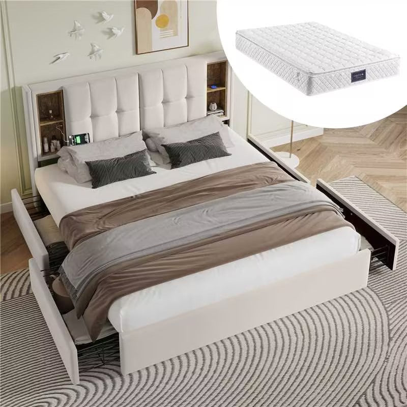 Double Bed with Wireless Charging USB C & 4 Drawers, Upholstered 160x200cm, Beige Velvet