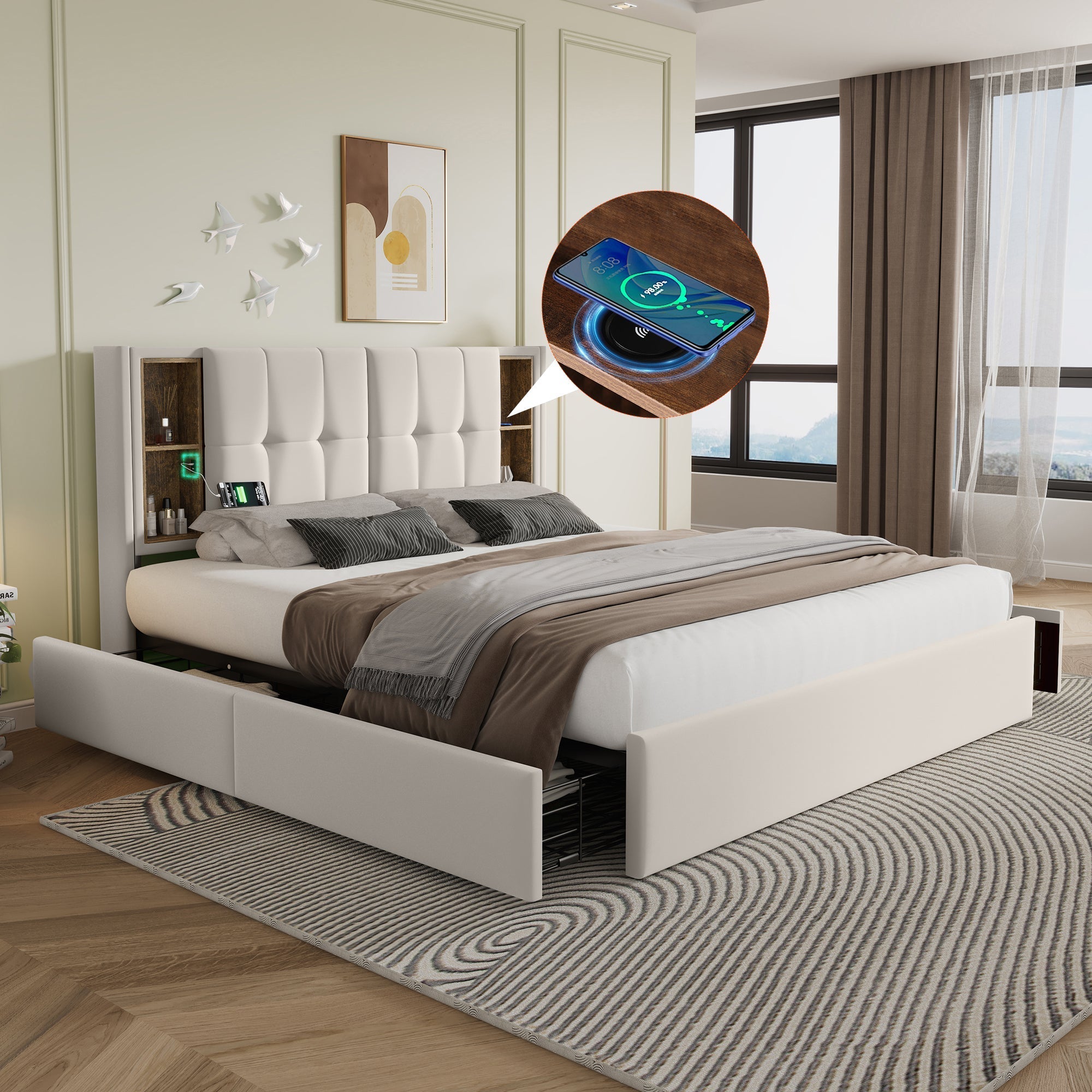Double Bed with Wireless Charging USB C & 4 Drawers, Upholstered 160x200cm, Beige Velvet