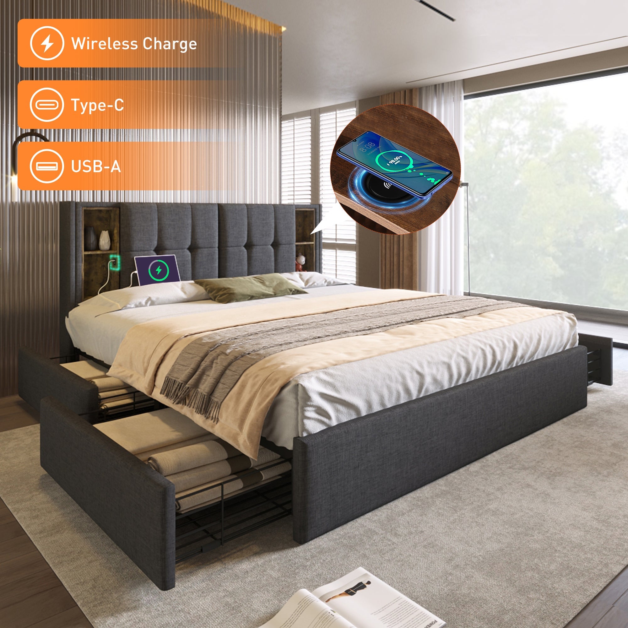 Double Bed with Wireless Charging & 4 Drawers, 160x200cm, Grey Linen