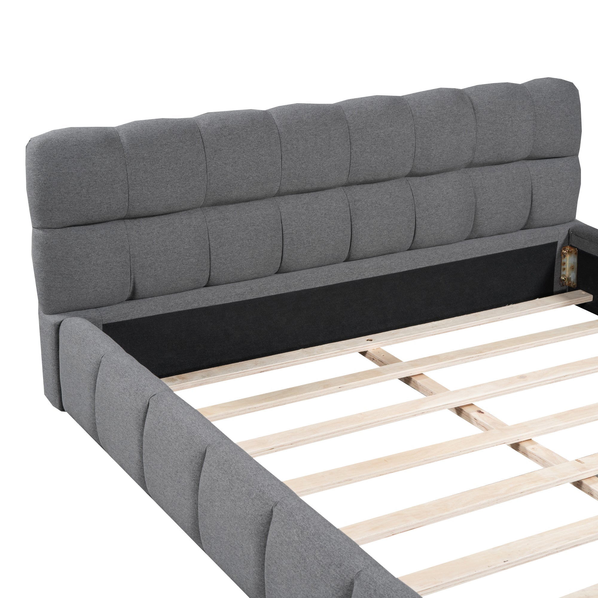 Upholstered Bed, 140 x 190 cm Double with Soft Backrest, Linen Grey