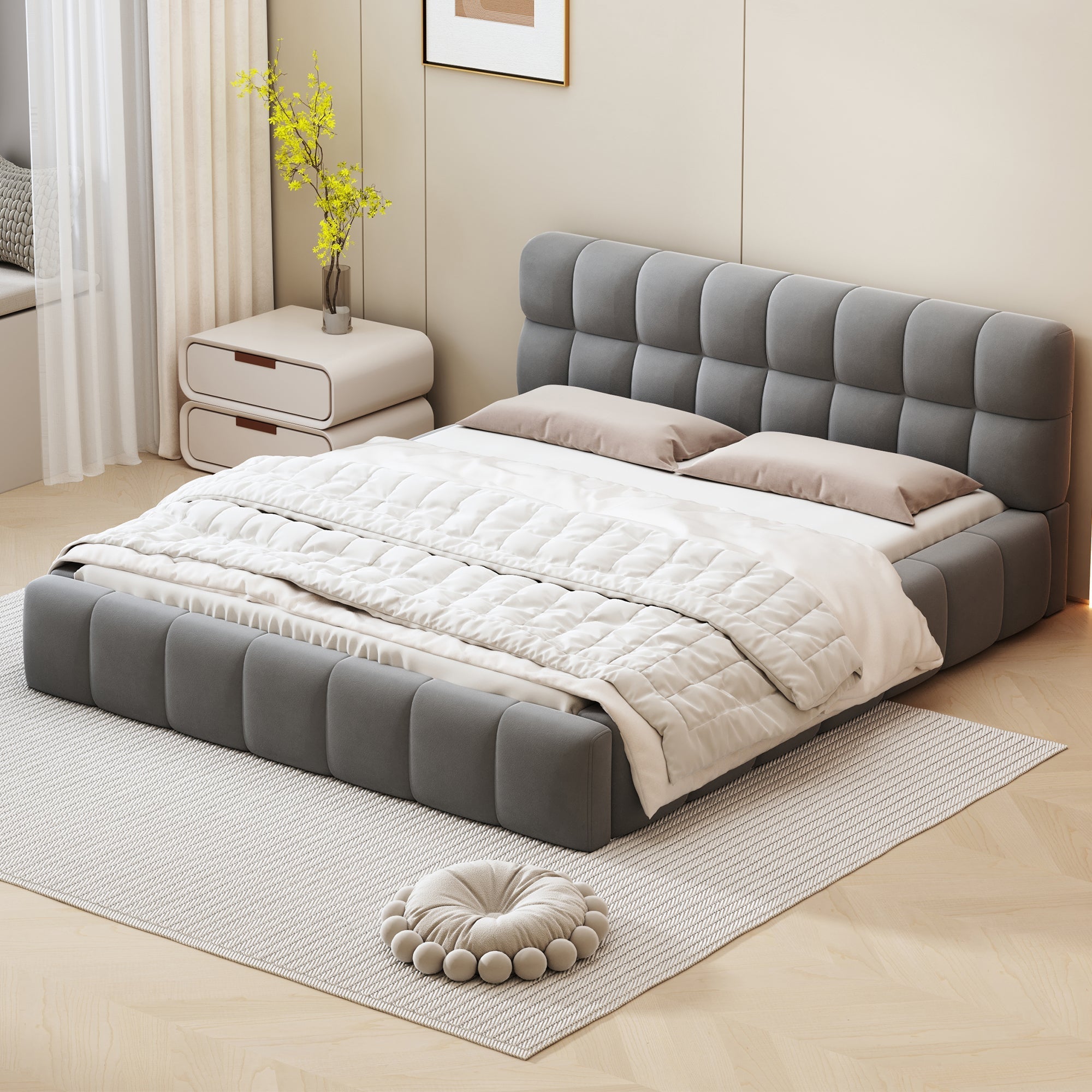 Upholstered Bed, 140 x 190 cm Double with Soft Backrest, Linen Grey