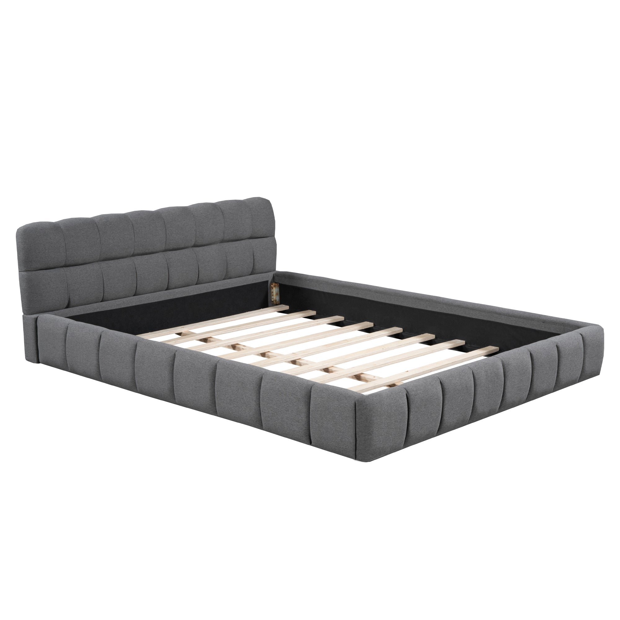 Upholstered Bed, 140 x 190 cm Double with Soft Backrest, Linen Grey