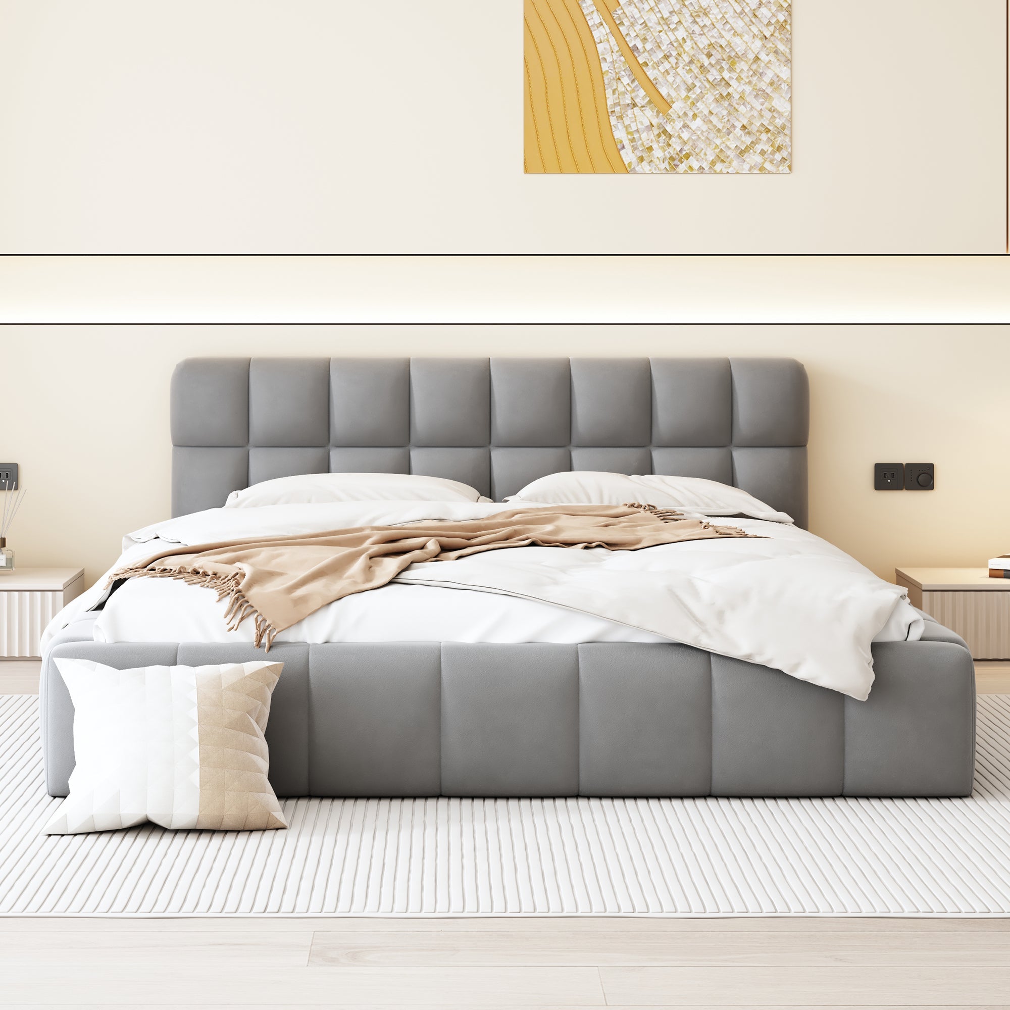 Upholstered Bed, 140 x 190 cm Double with Soft Backrest, Linen Grey