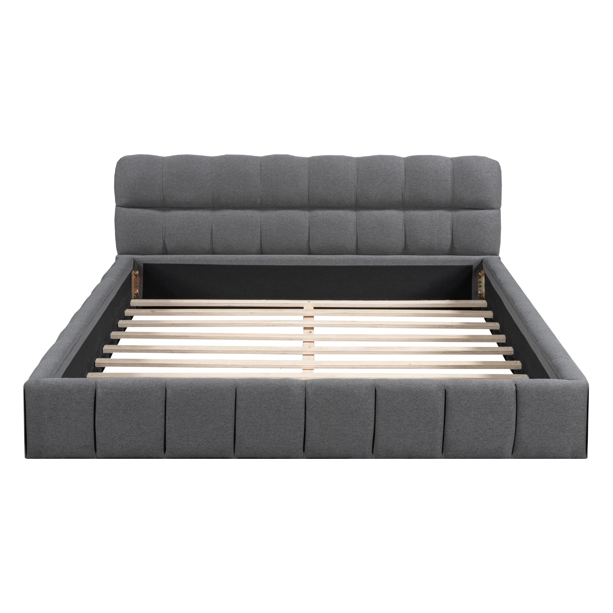Upholstered Bed, 140 x 190 cm Double with Soft Backrest, Linen Grey