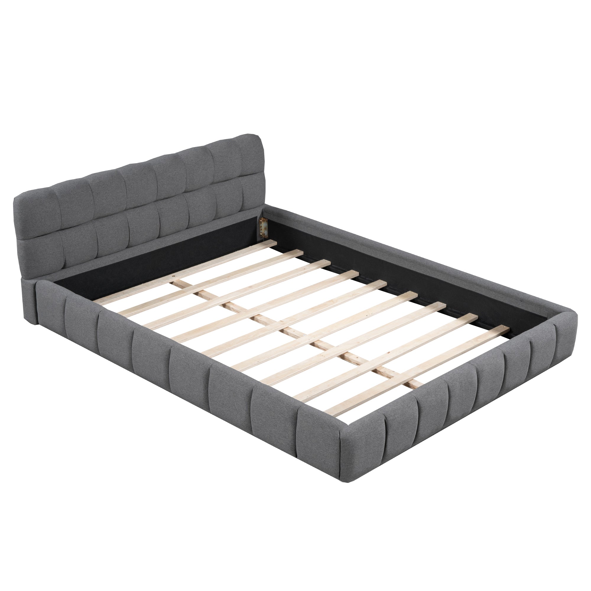 Upholstered Bed, 140 x 190 cm Double with Soft Backrest, Linen Grey