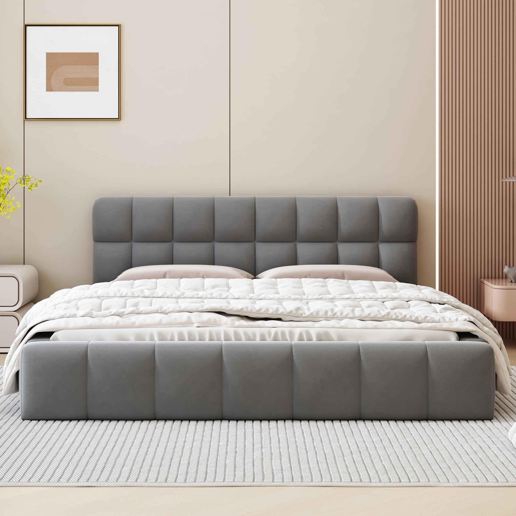 Upholstered Bed, 140 x 190 cm Double with Soft Backrest, Linen Grey