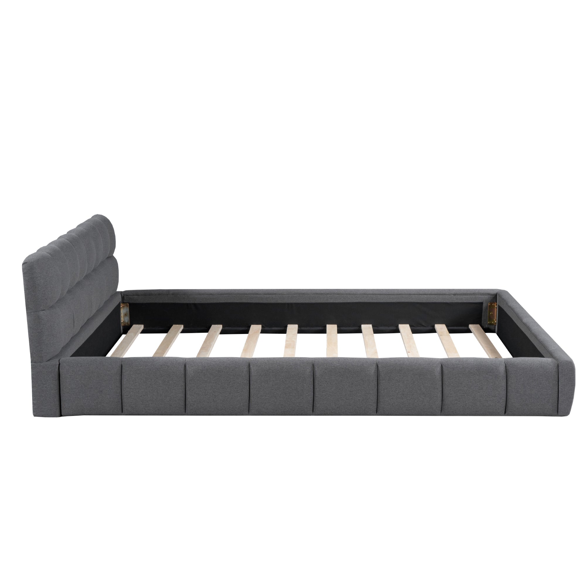 Upholstered Bed, 140 x 190 cm Double with Soft Backrest, Linen Grey
