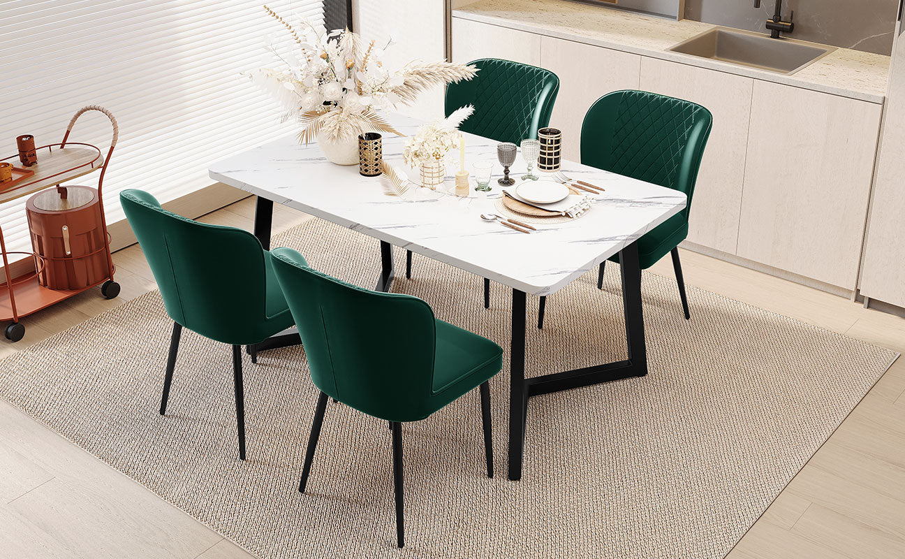 Dining Chair, Upholstered Velvet with Metal Frame, Dark Green (Set of 4)