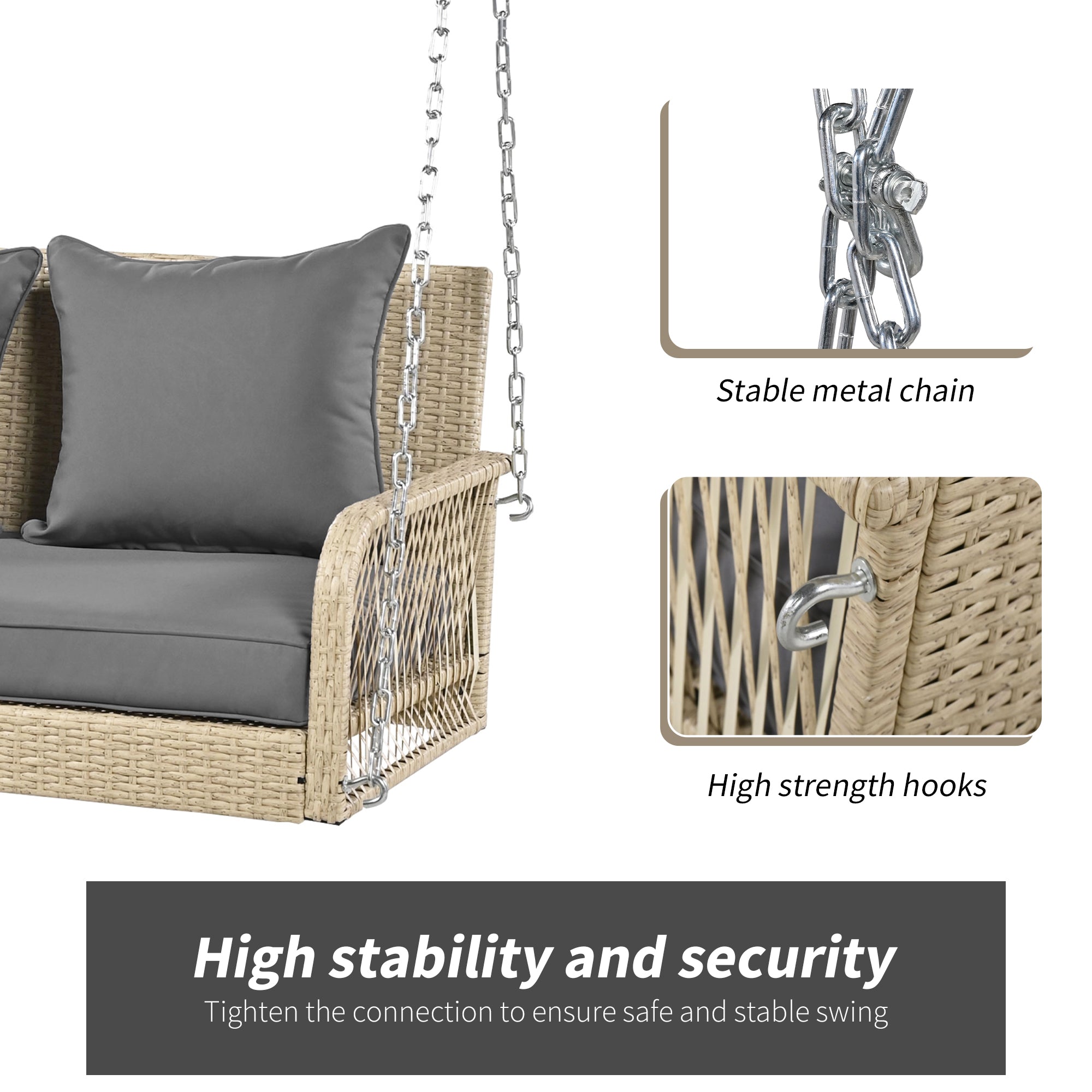 Hollywood Swing 2-Seater Outdoor Rattan, Beige/Grey Cushion
