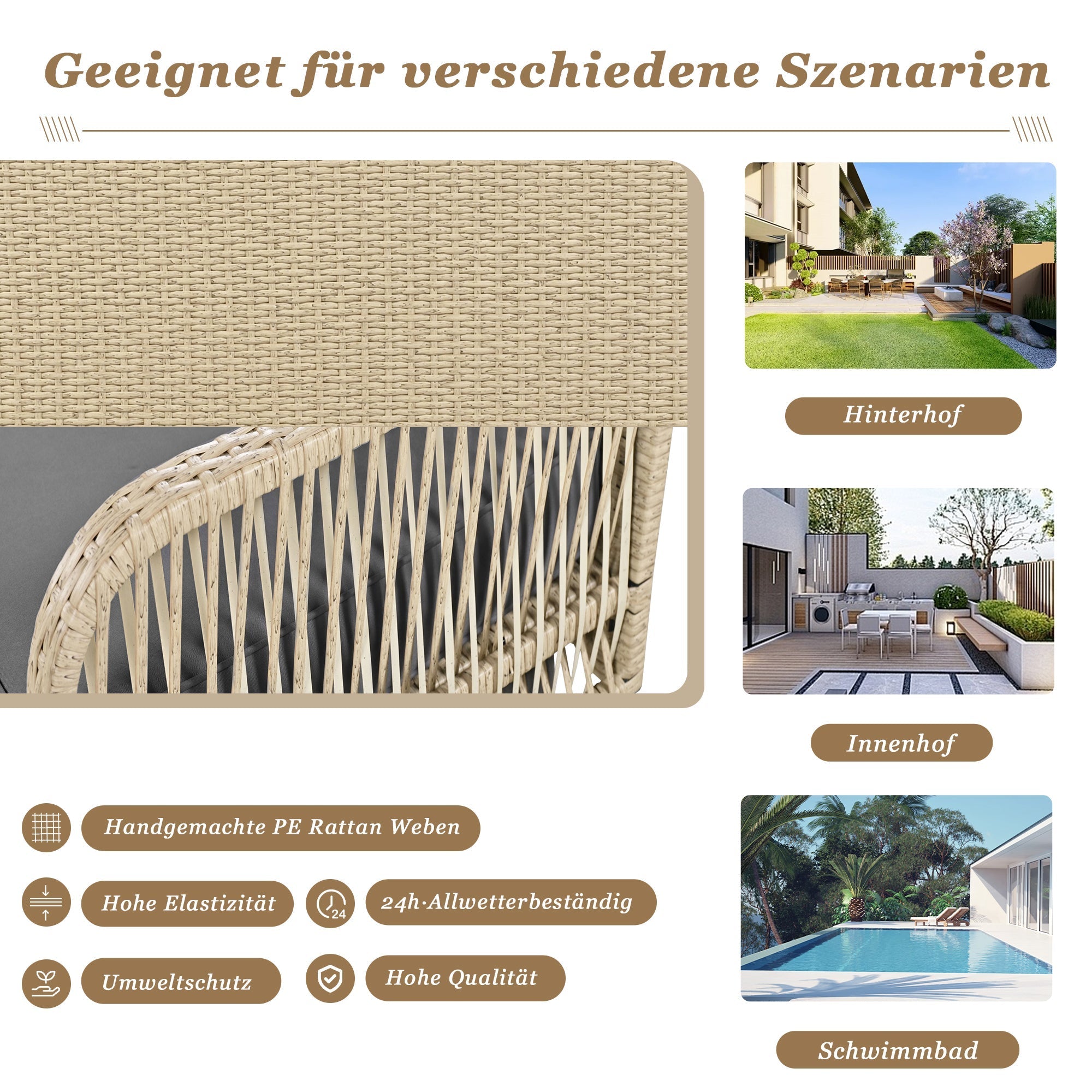 Hollywood Swing 2-Seater Outdoor Rattan, Beige/Grey Cushion