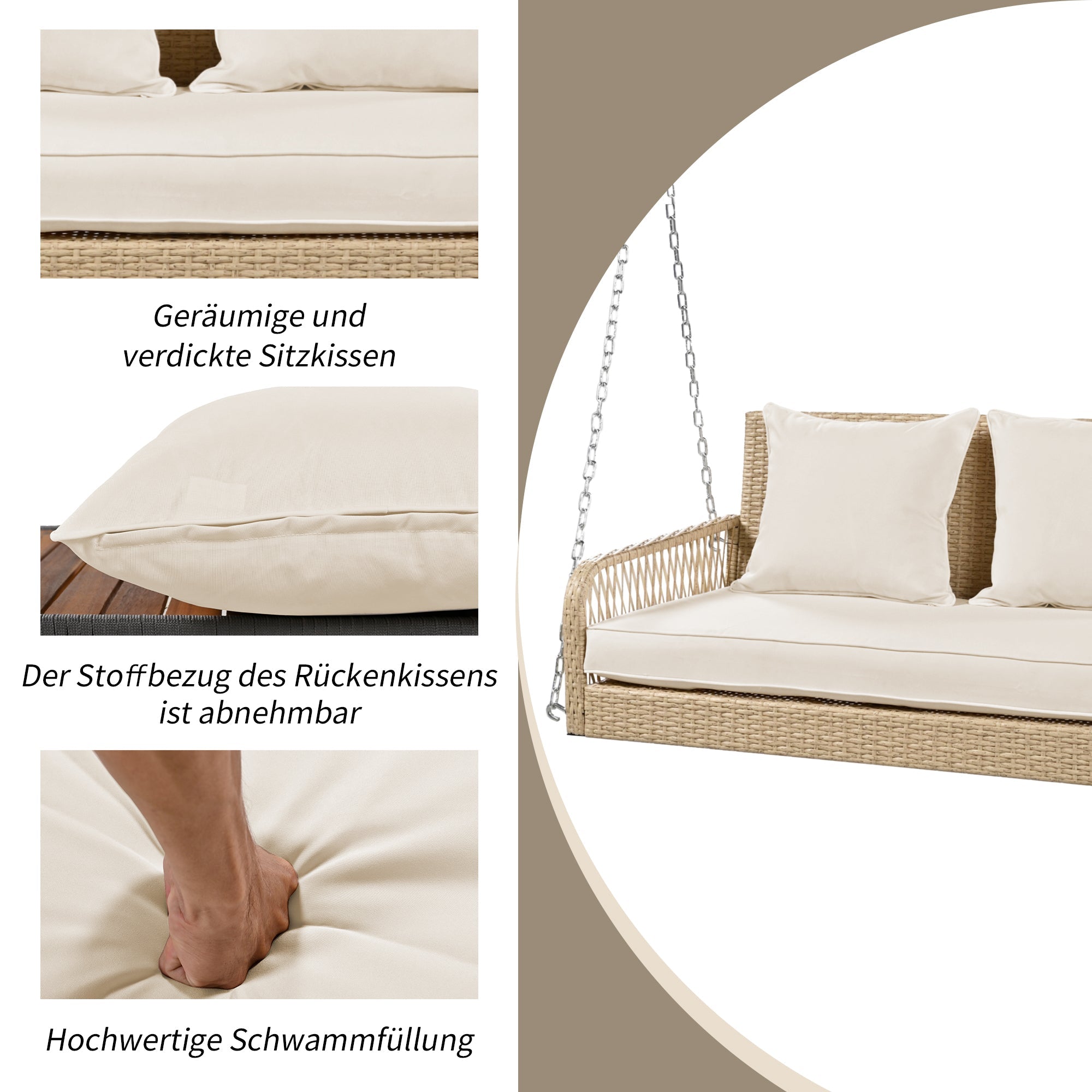 Hollywood Swing Garden Set 2-Seater Outdoor Rattan with Removable Cushions, Beige