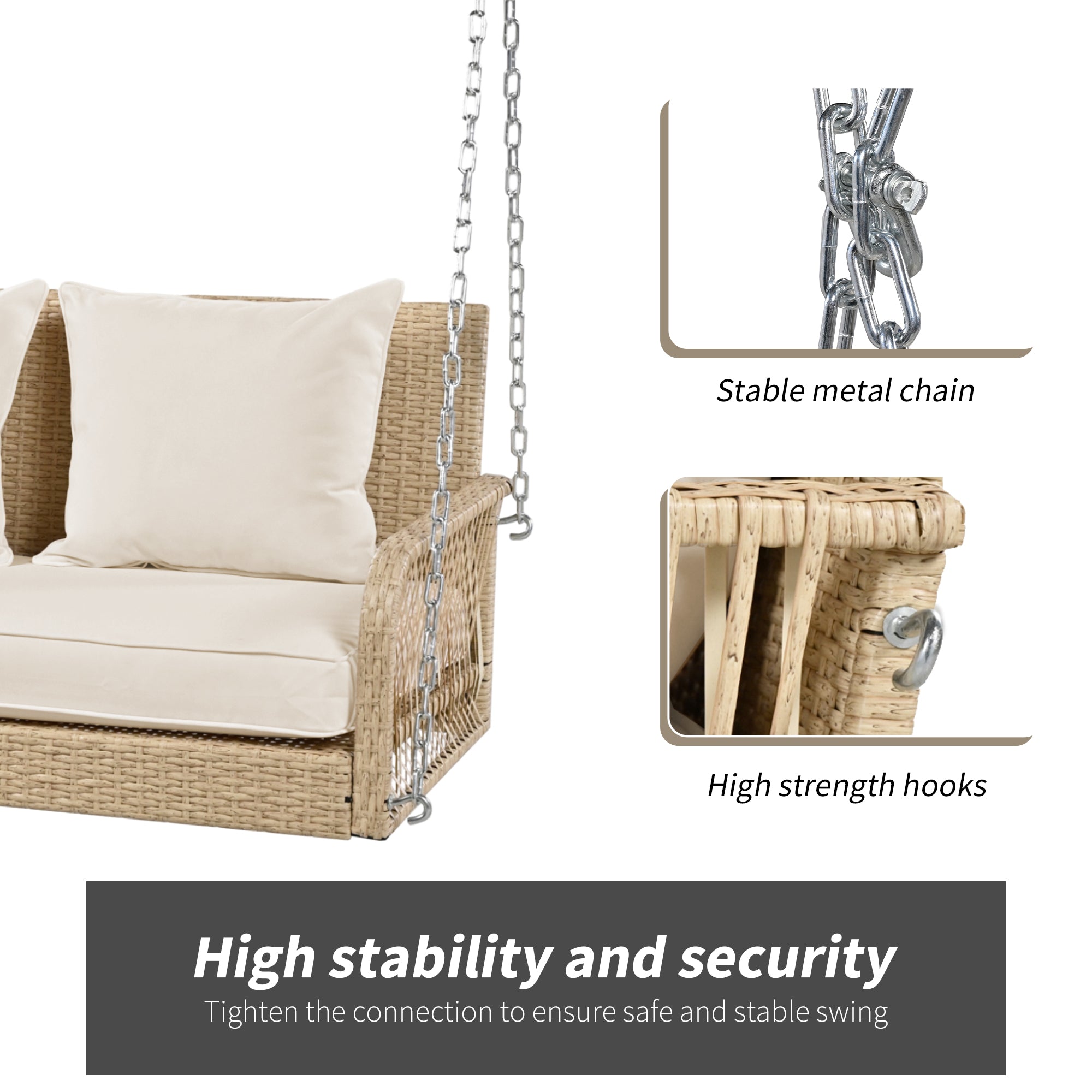 Hollywood Swing Garden Set 2-Seater Outdoor Rattan with Removable Cushions, Beige