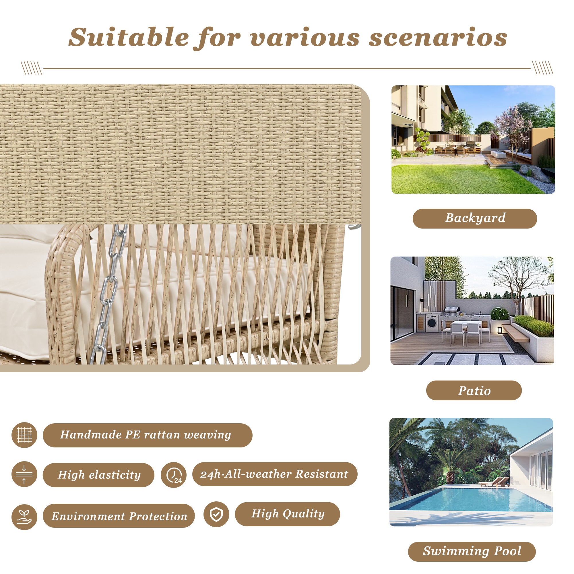 Hollywood Swing Garden Set 2-Seater Outdoor Rattan with Removable Cushions, Beige