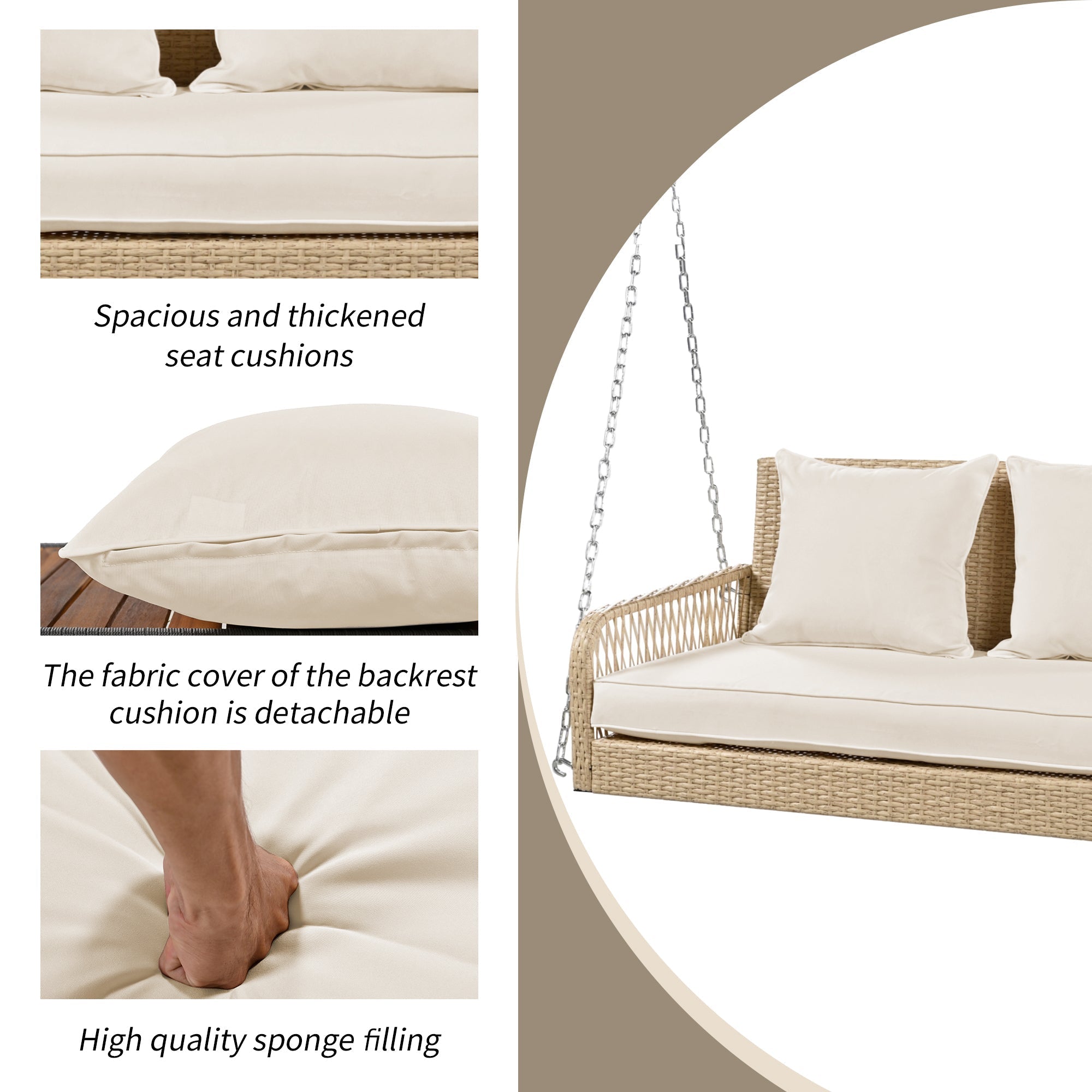 Hollywood Swing Garden Set 2-Seater Outdoor Rattan with Removable Cushions, Beige