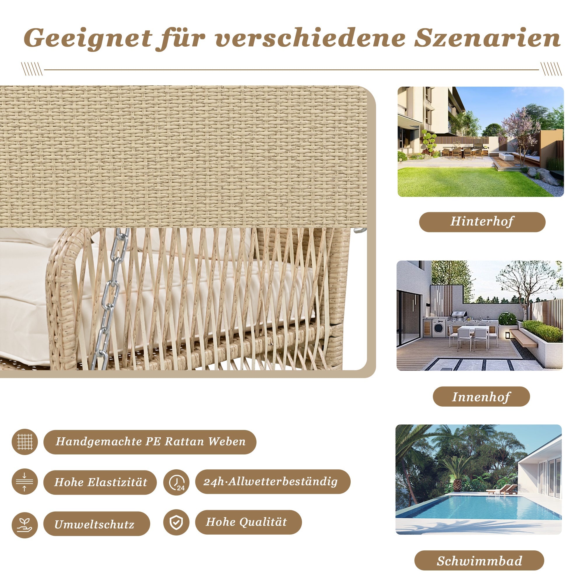 Hollywood Swing Garden Set 2-Seater Outdoor Rattan with Removable Cushions, Beige
