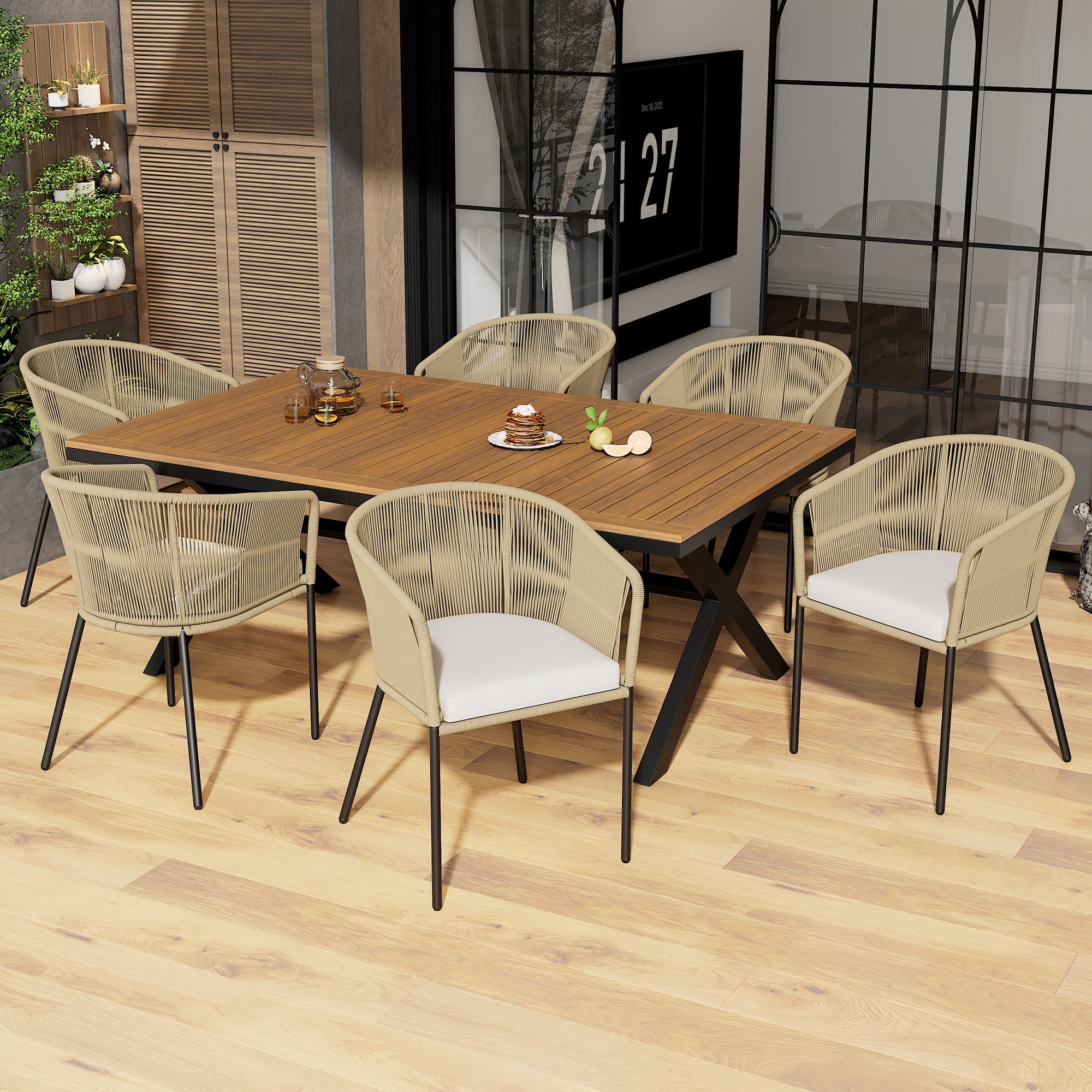 Garden Dining Set 7-Piece 6 Rope Armchairs Acacia Wood Table